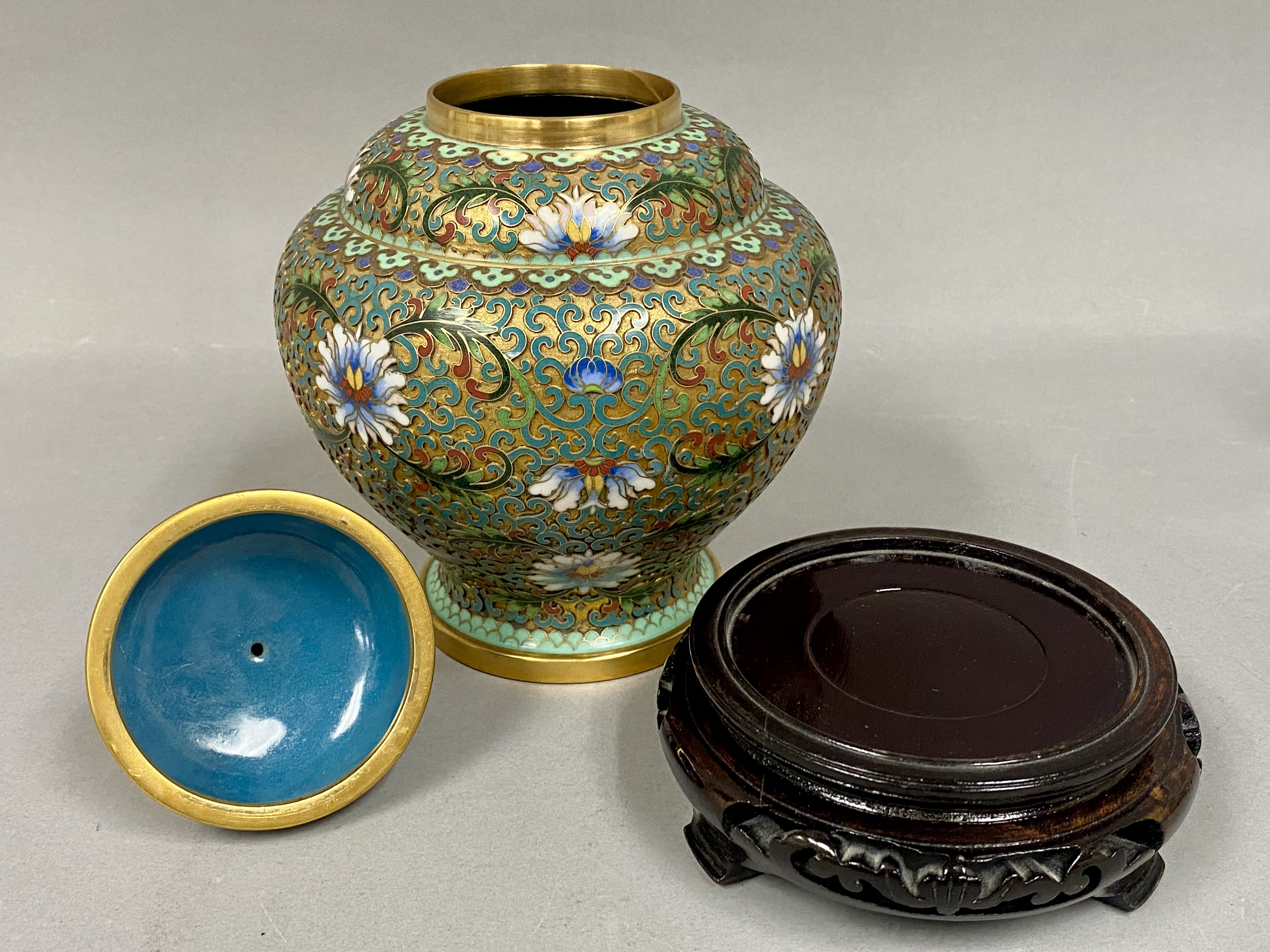 Chinese Cloisonne Enamel Jar and Cover on Carved Wood Stand