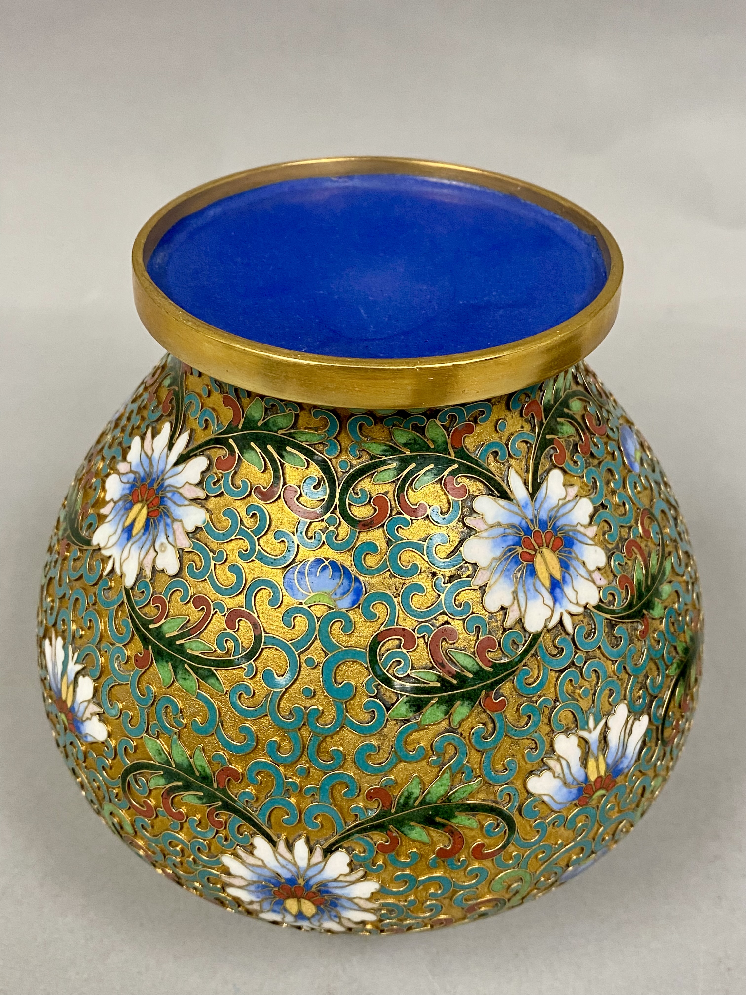 Chinese Cloisonne Enamel Jar and Cover on Carved Wood Stand