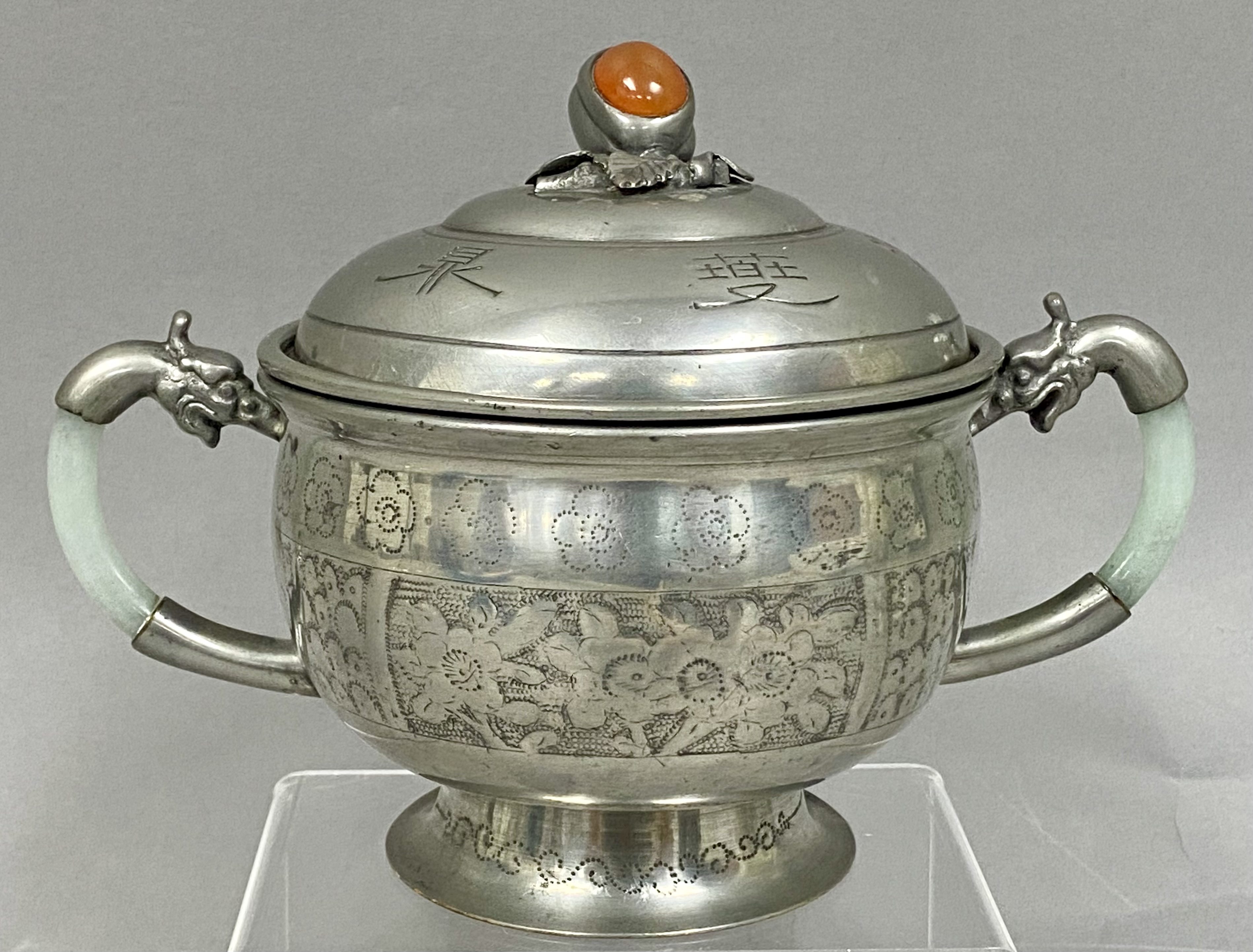 Chinese Shantou Pewter and Jadeite Three-Part Warming Jar