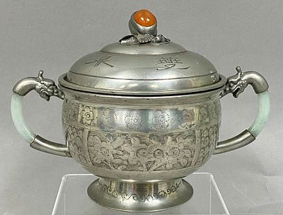 Chinese Shantou Pewter and Jadeite Three-Part Warming Jar. This three-part antique Chinese 