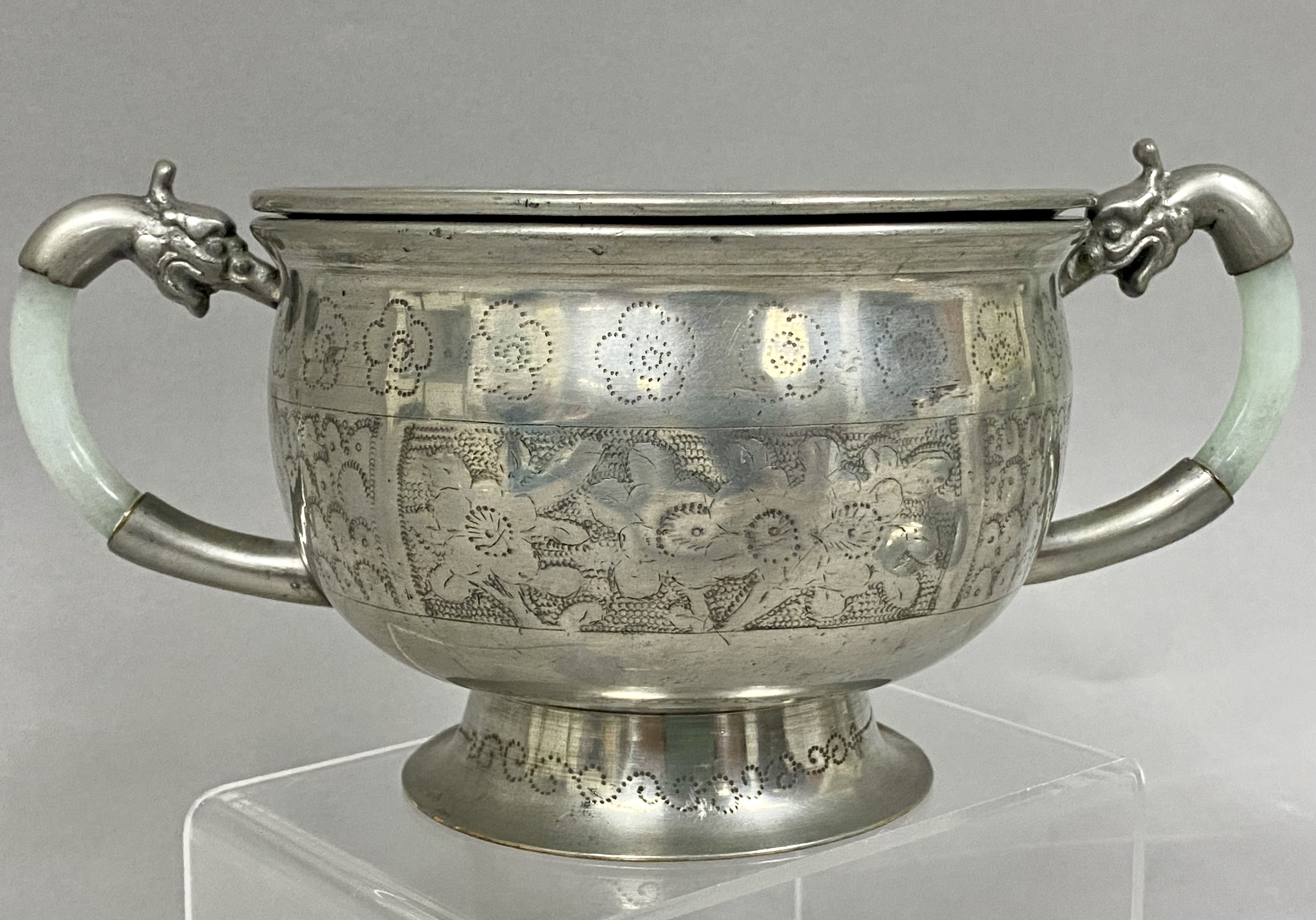 Chinese Shantou Pewter and Jadeite Three-Part Warming Jar