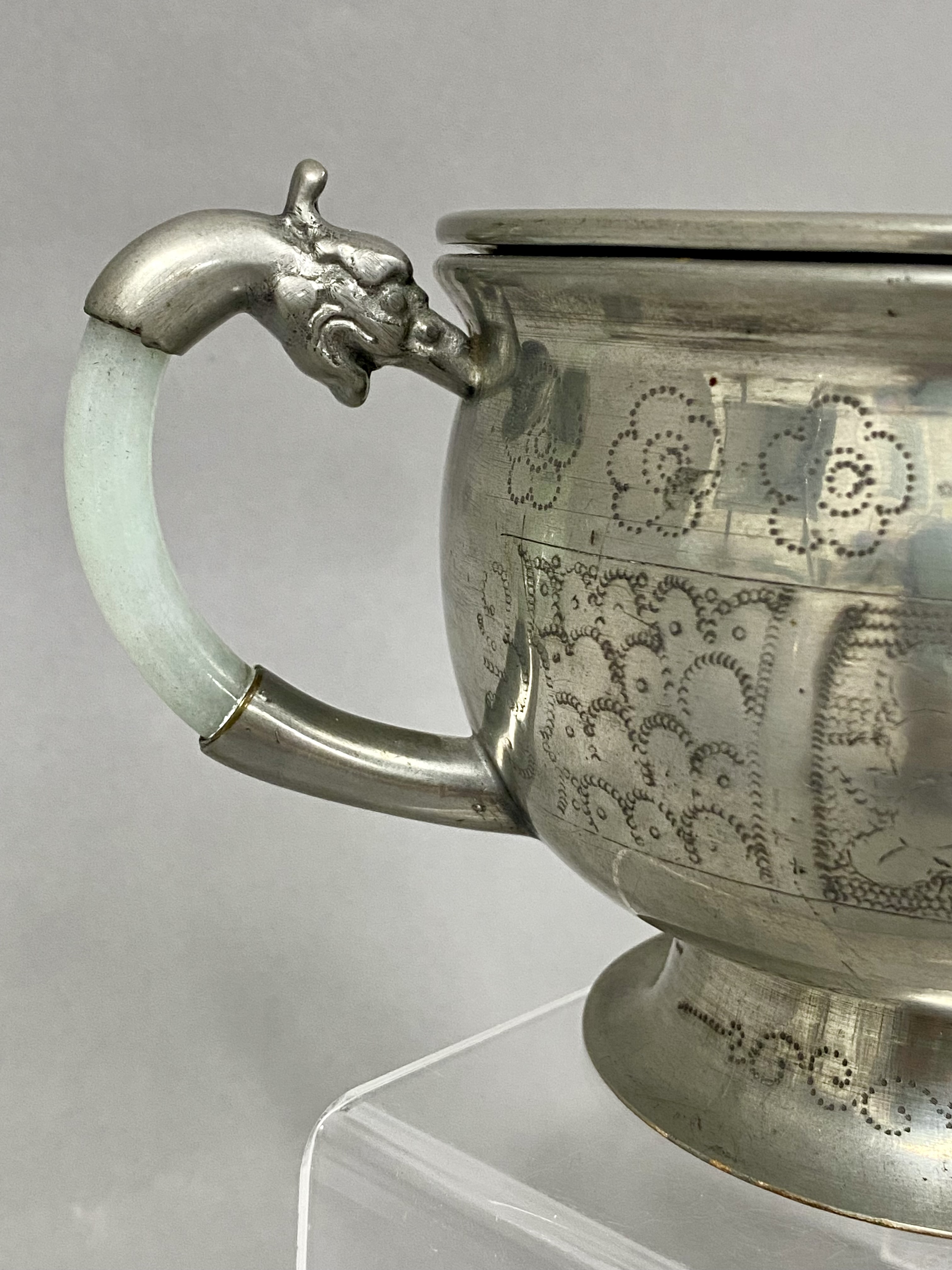Chinese Shantou Pewter and Jadeite Three-Part Warming Jar