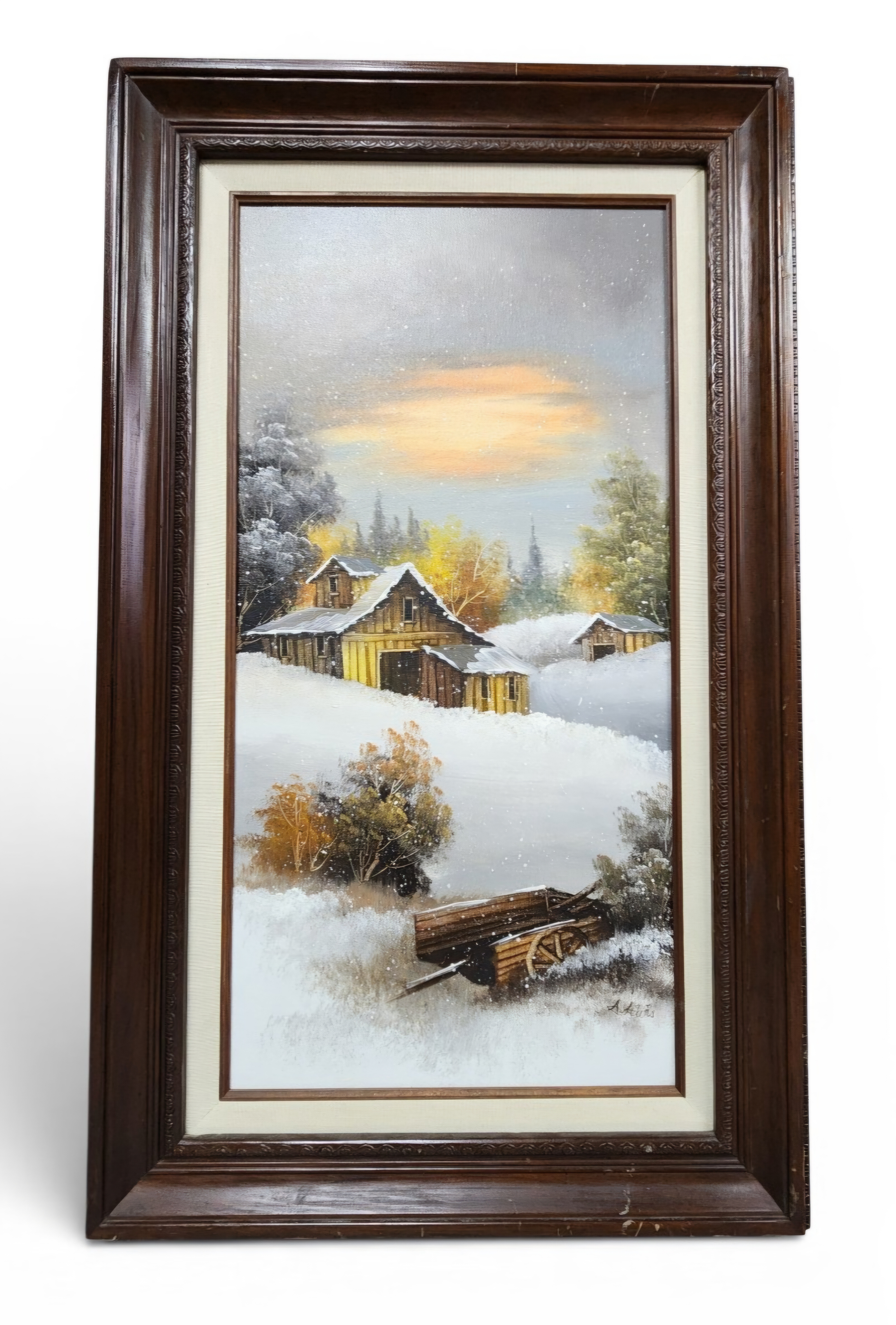 A. Heurs Winter Farm Oil Painting