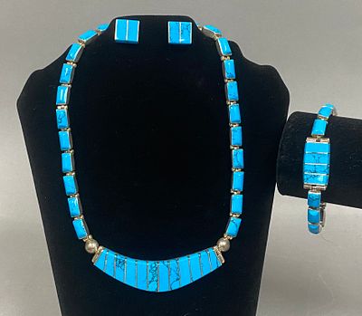 Vintage Taxco .950 Silver & Turquoise Jewelry Set. Hinged panel-link inlaid collar necklace 