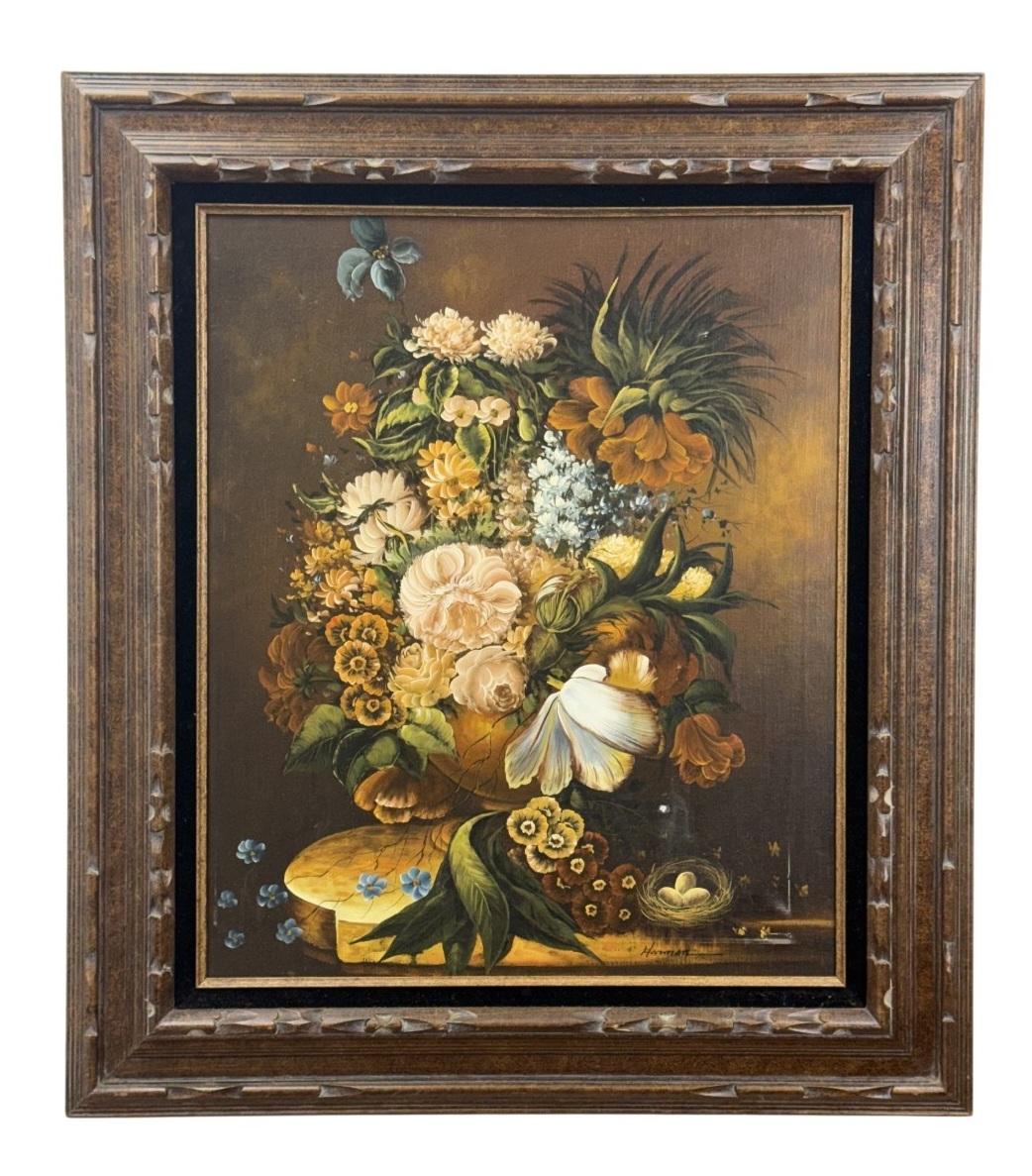Harmon Floral Still Life with Bird's Nest Oil on Canvas