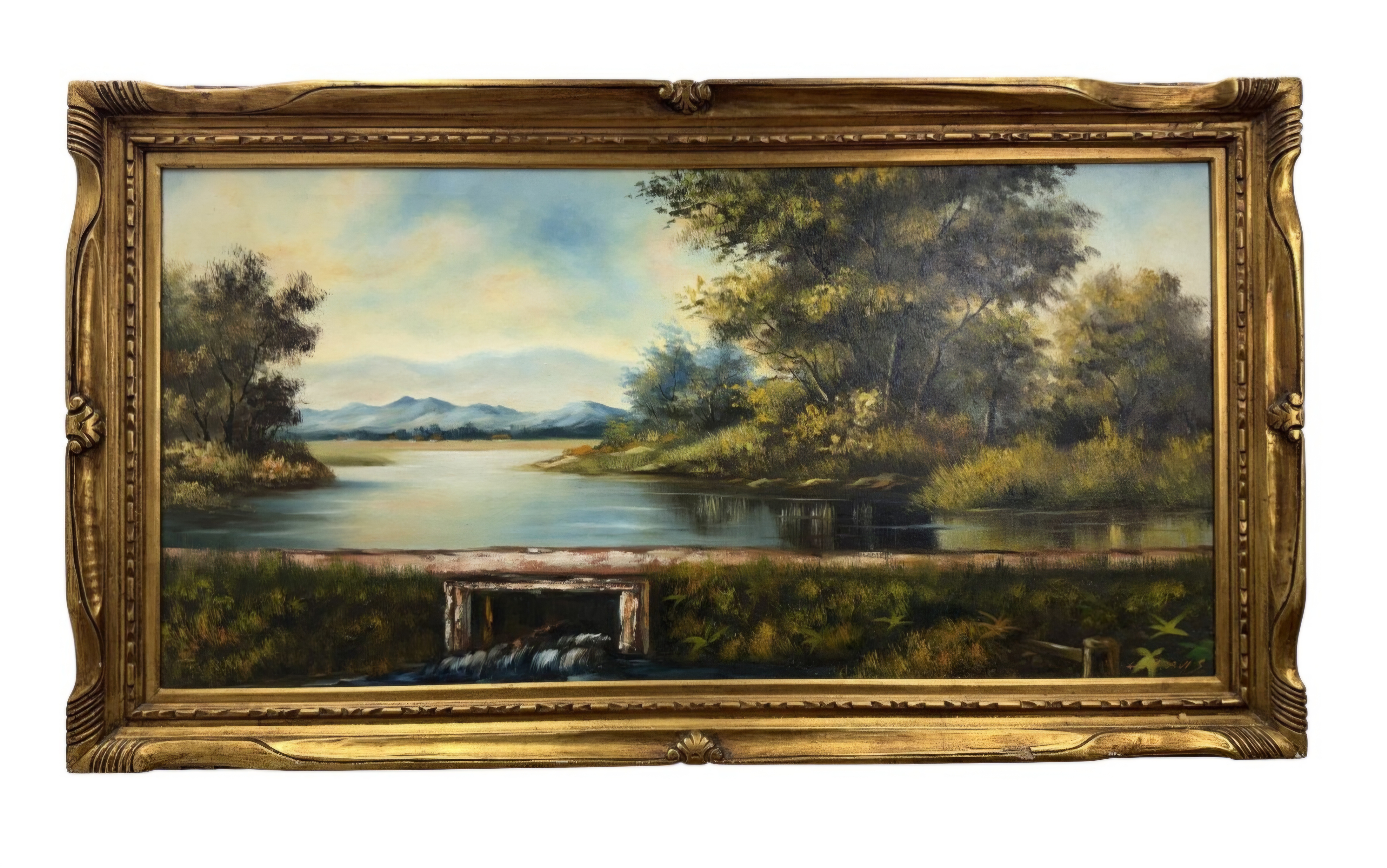 L. J. Davis, River Landscape with Weir, Oil on Canvas