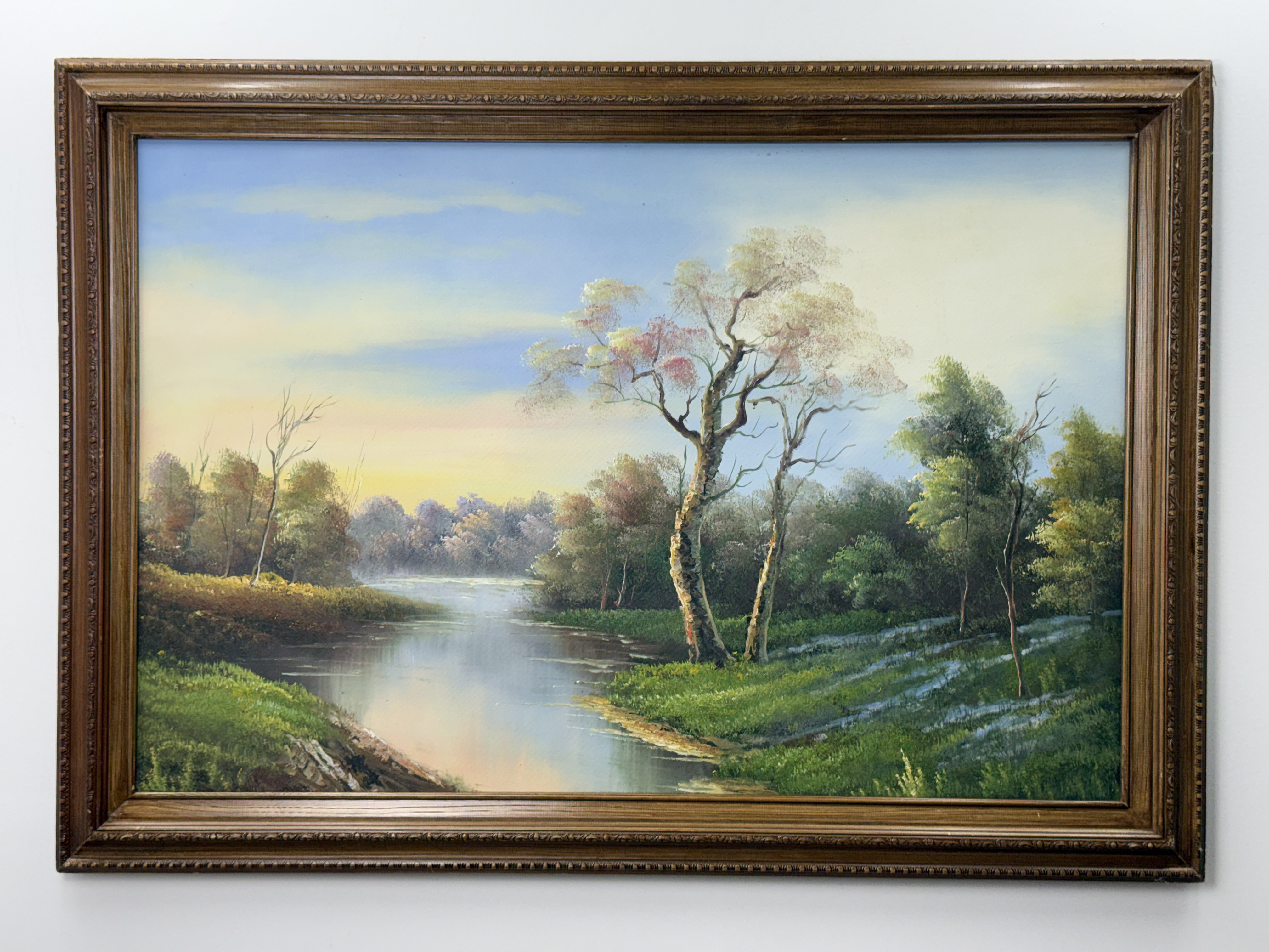 20th Century River Landscape with Trees Oil on Canvas