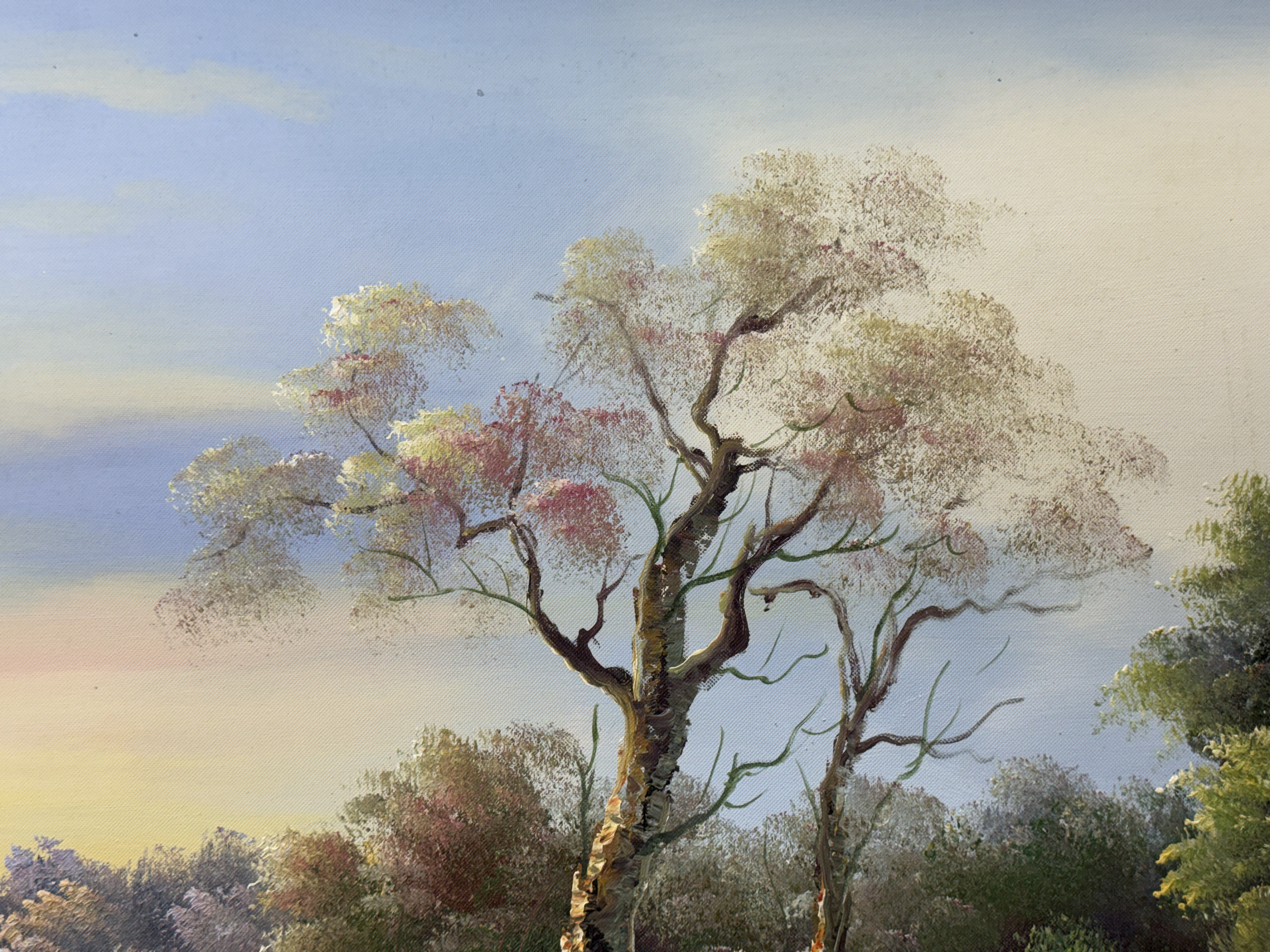20th Century River Landscape with Trees Oil on Canvas