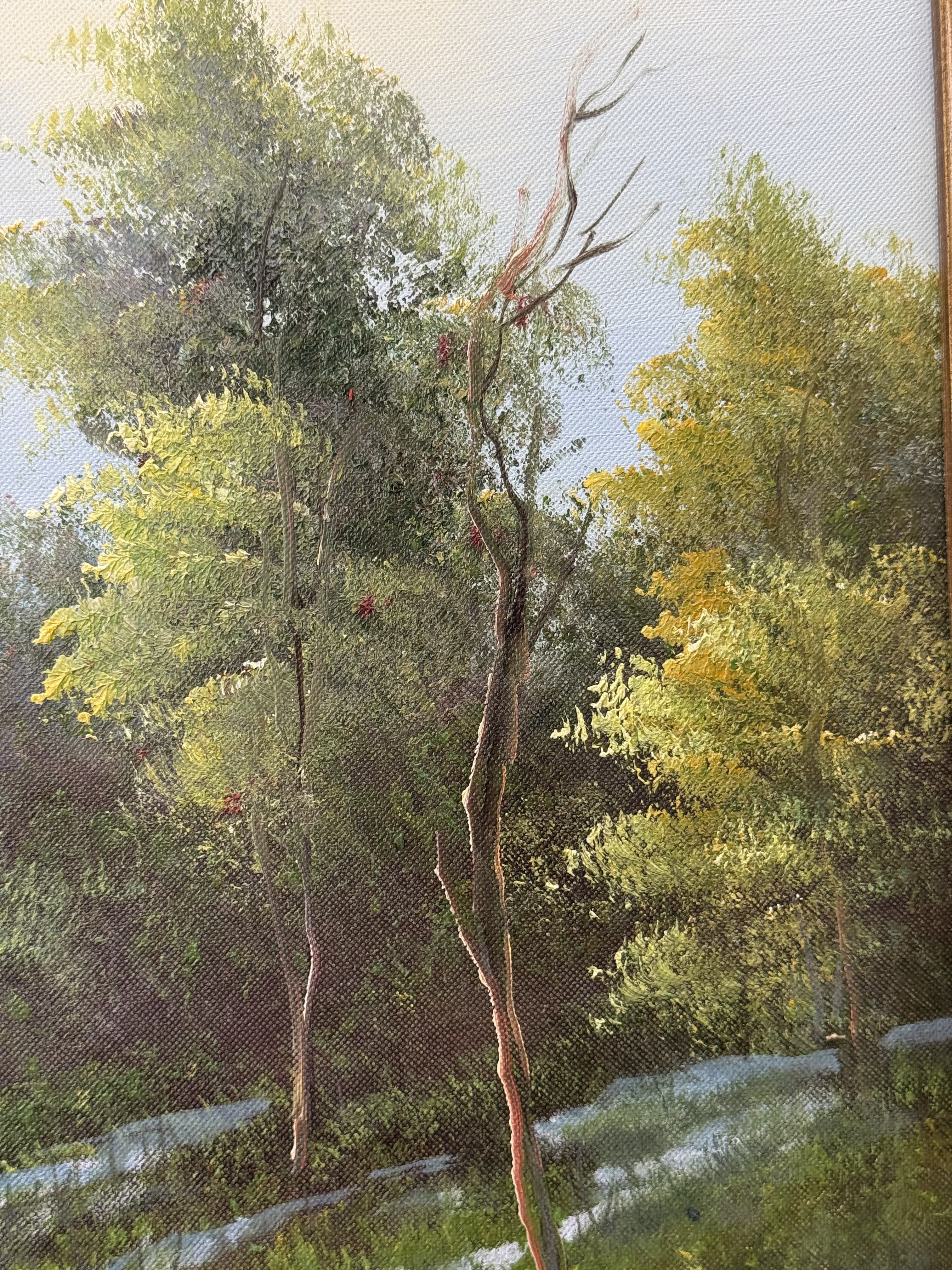 20th Century River Landscape with Trees Oil on Canvas