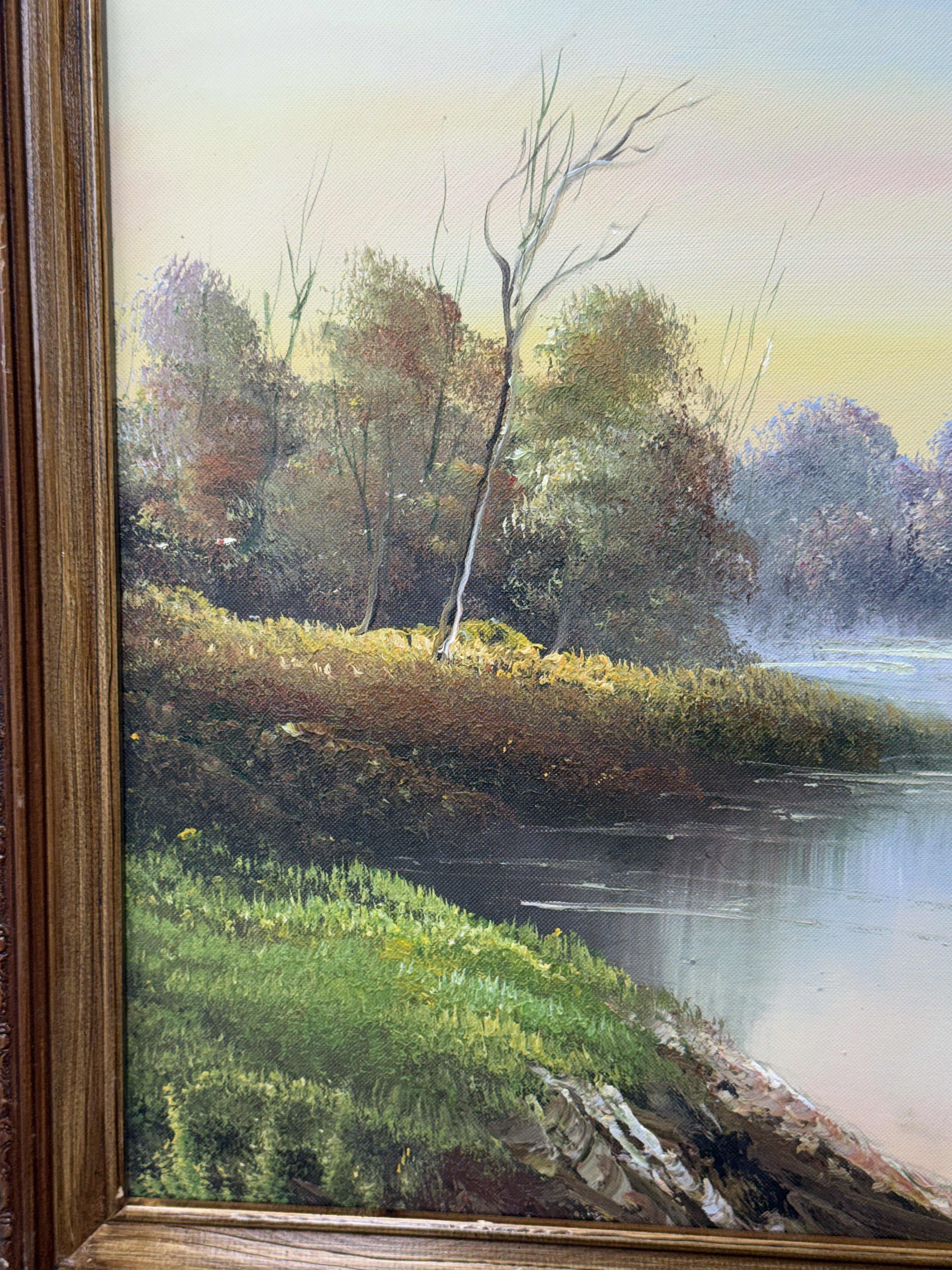 20th Century River Landscape with Trees Oil on Canvas