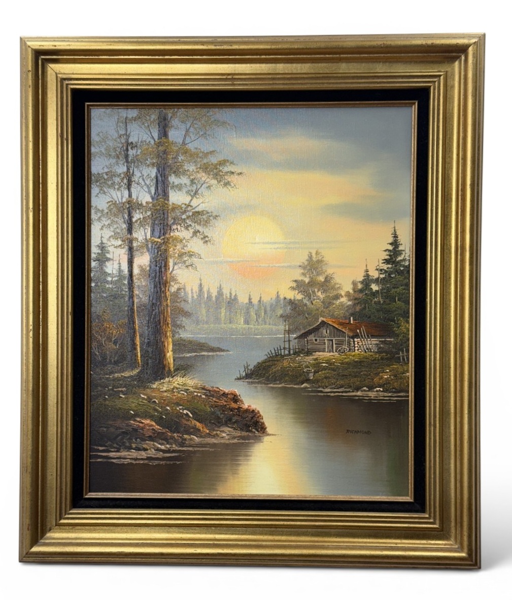 Landscape with Log Cabin at Sunset Oil on Canvas