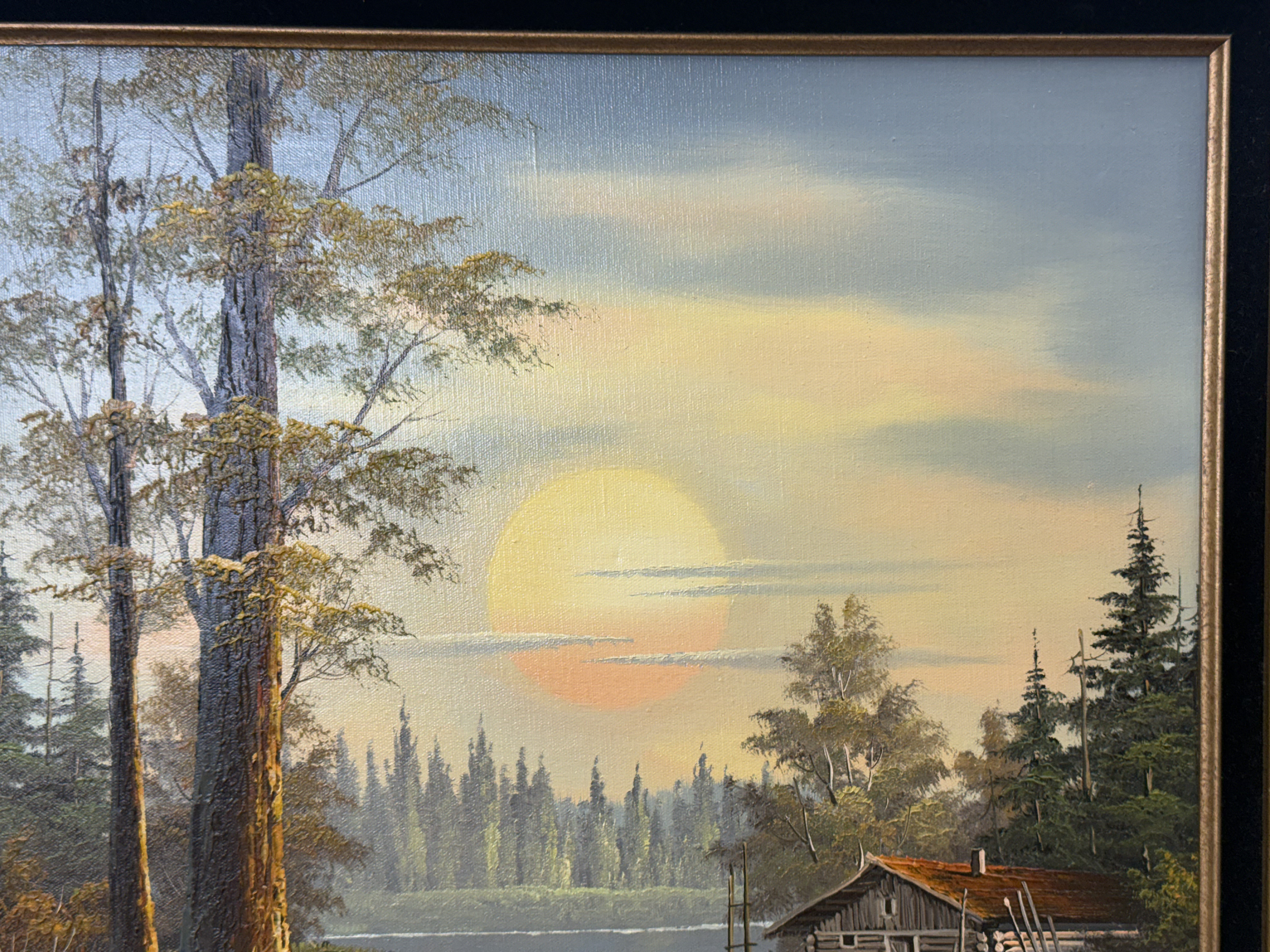 Landscape with Log Cabin at Sunset Oil on Canvas