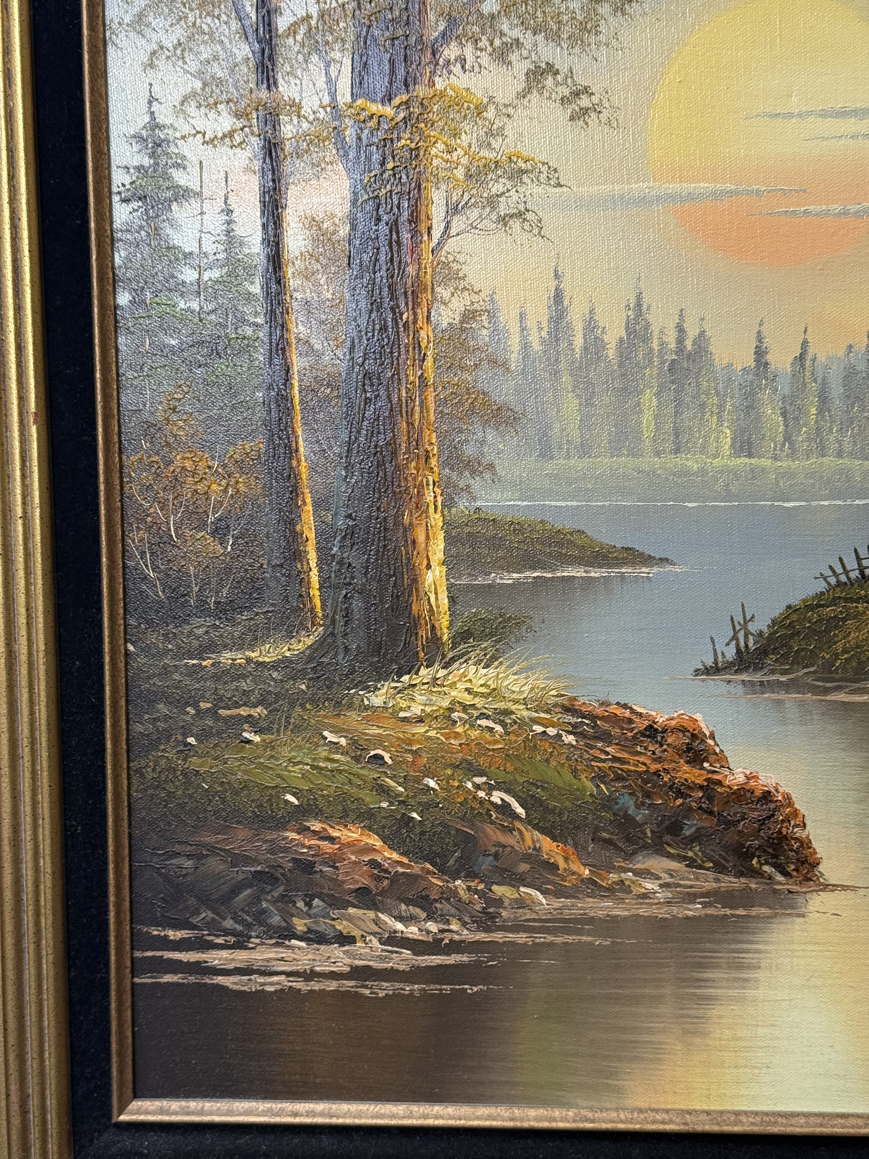 Landscape with Log Cabin at Sunset Oil on Canvas