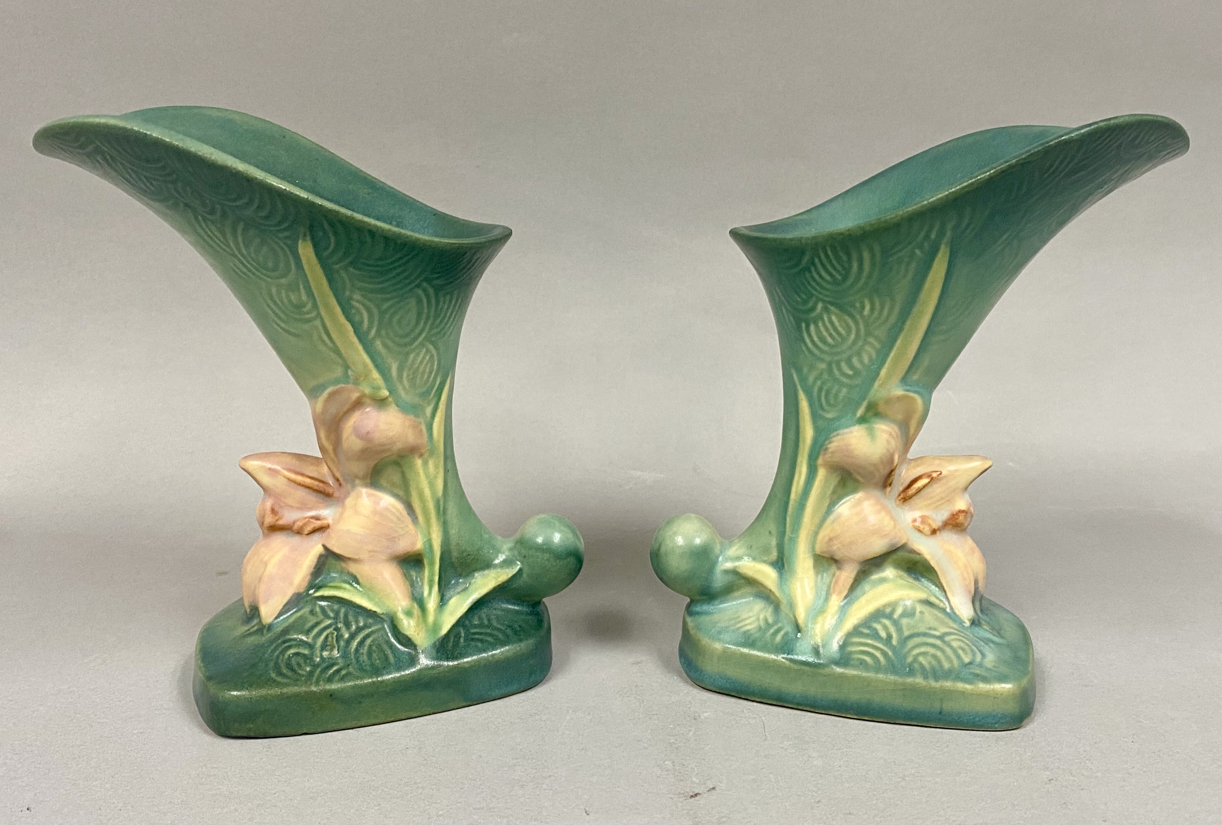 Roseville Pottery Zephyr Lily Cornucopia Vases