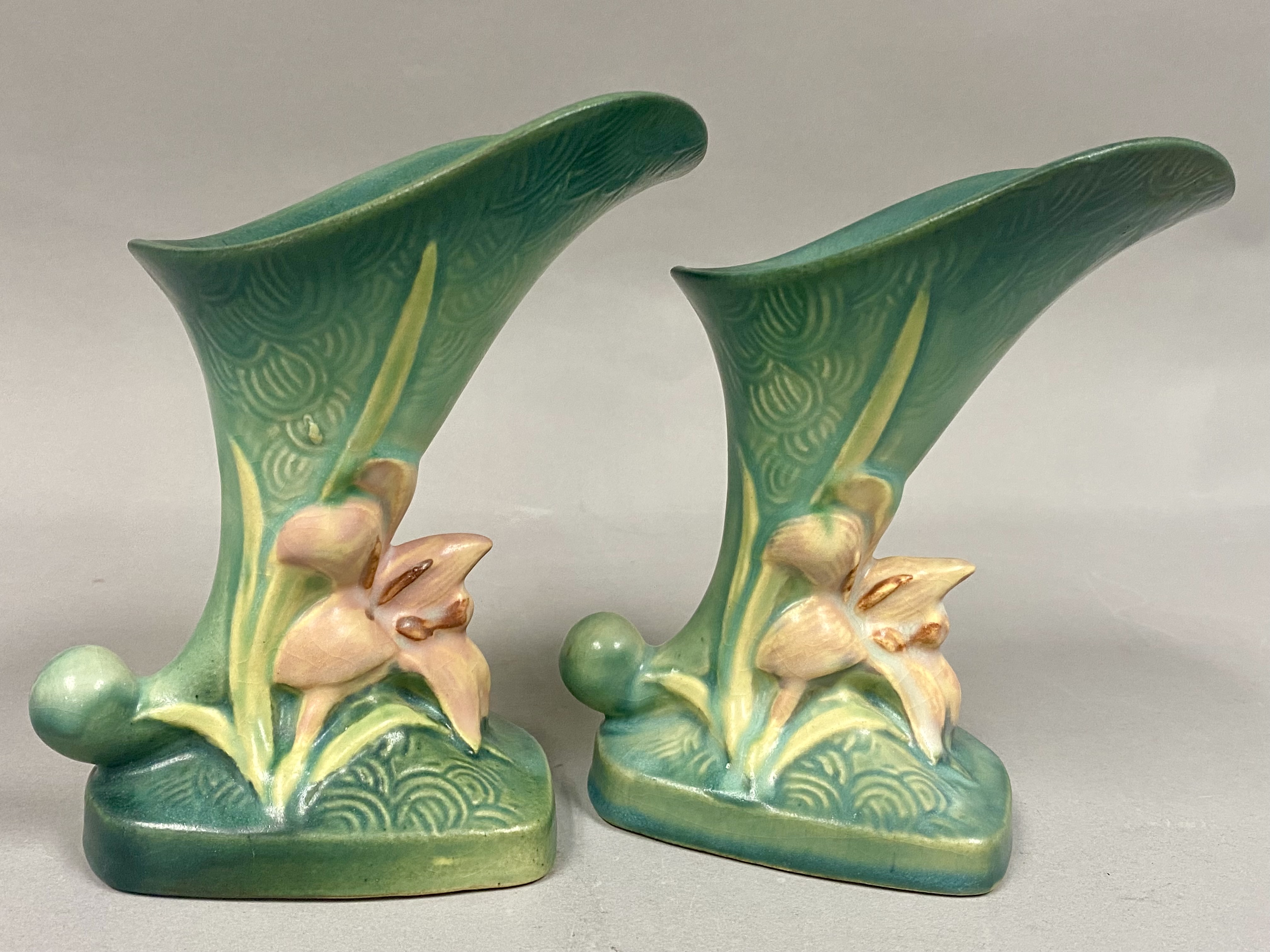 Roseville Pottery Zephyr Lily Cornucopia Vases