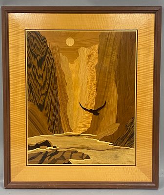 Hudson River Inlay Company, 'The Zion Narrows'. This wood marquetry landscape panel, by the 