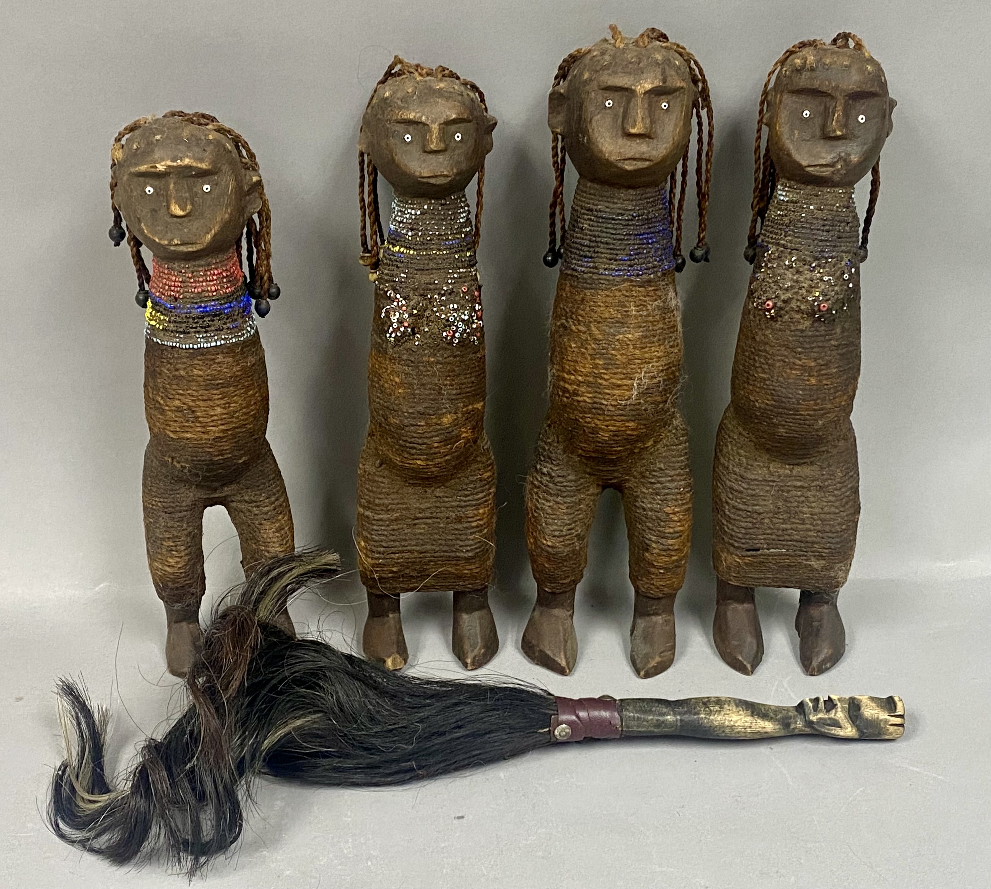 African Nyamwezi Style Beaded Figures and a Ceremonial Flywhisk