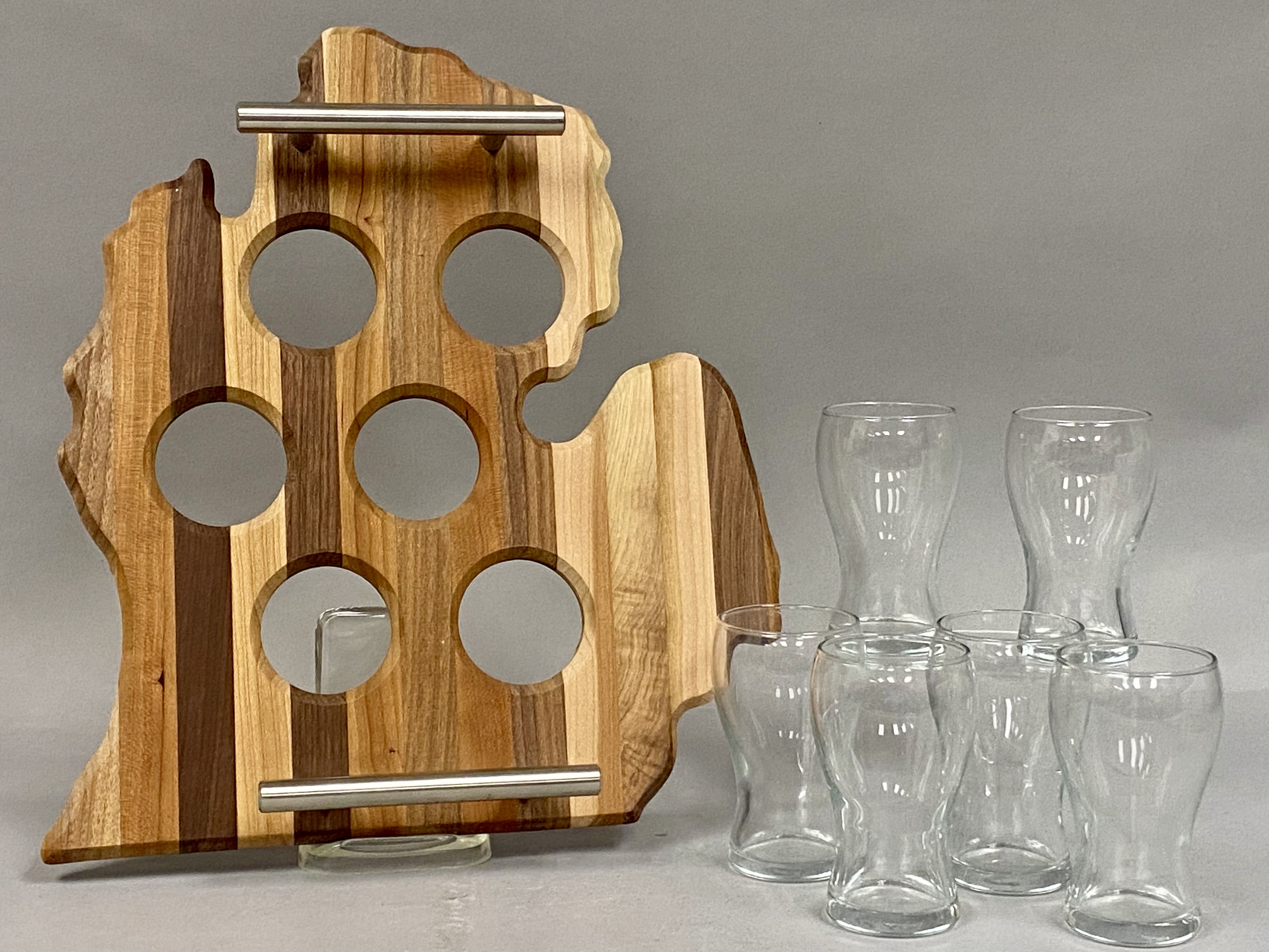 Handcrafted Michigan Wooden Tray 6 Glencairn Glasses
