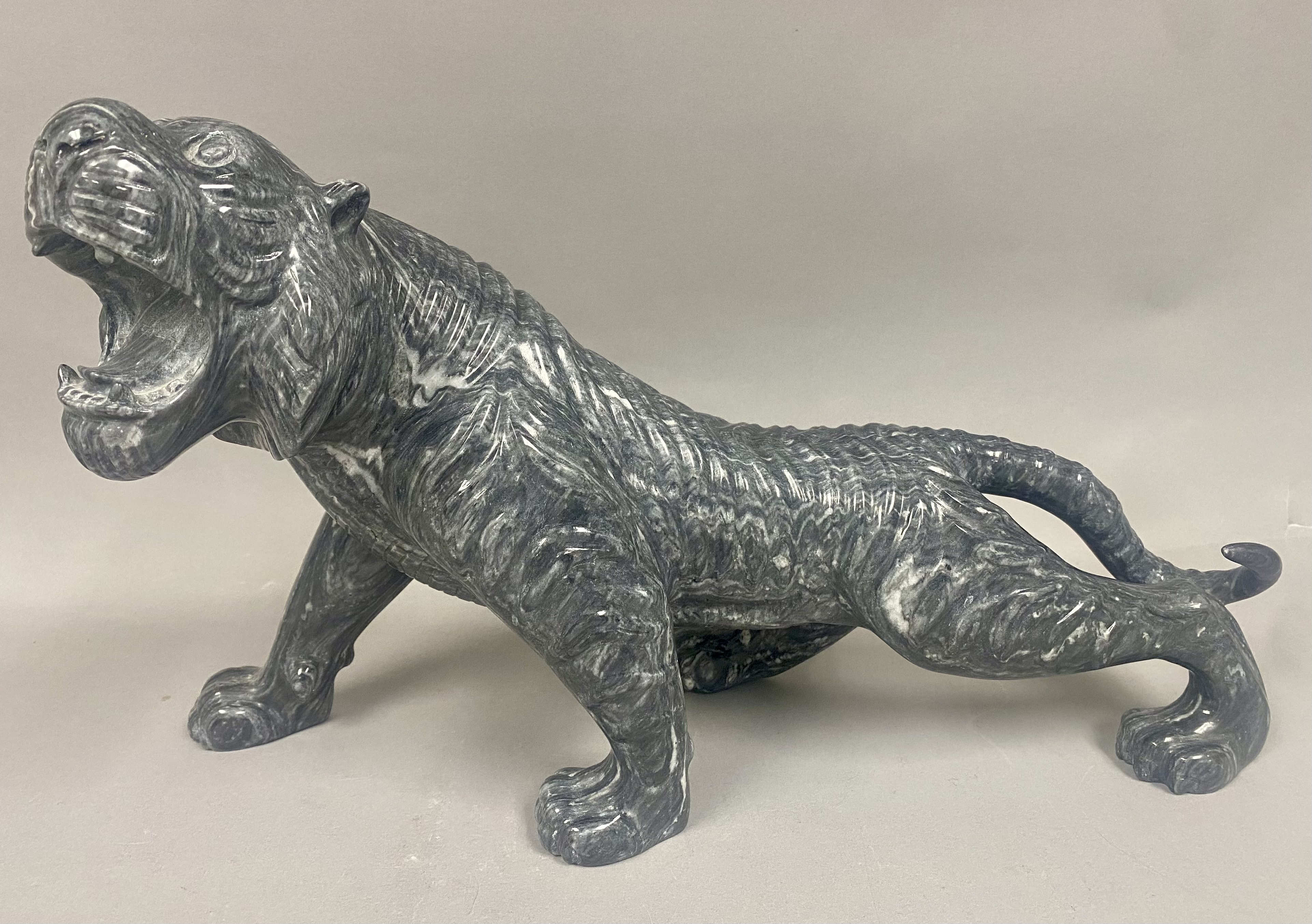 Large Carved Marbled Stone Roaring Tiger Sculpture
