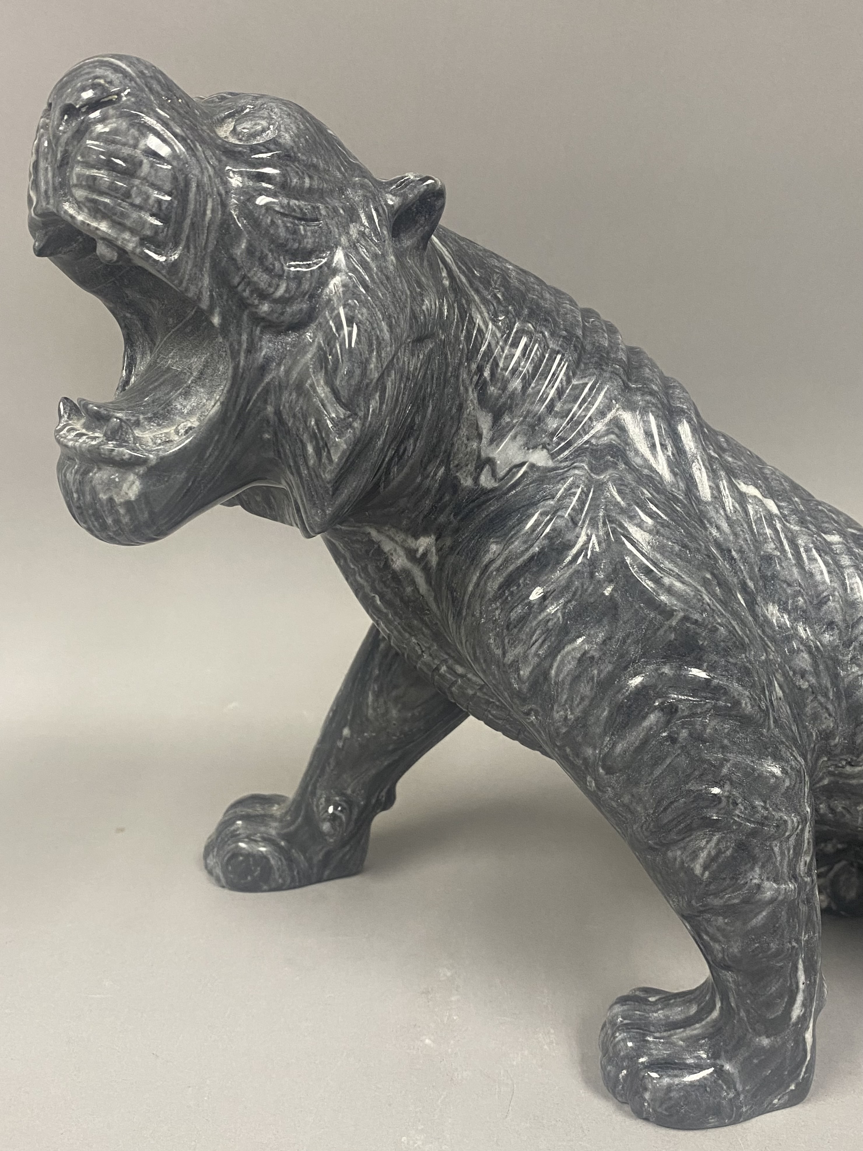 Large Carved Marbled Stone Roaring Tiger Sculpture