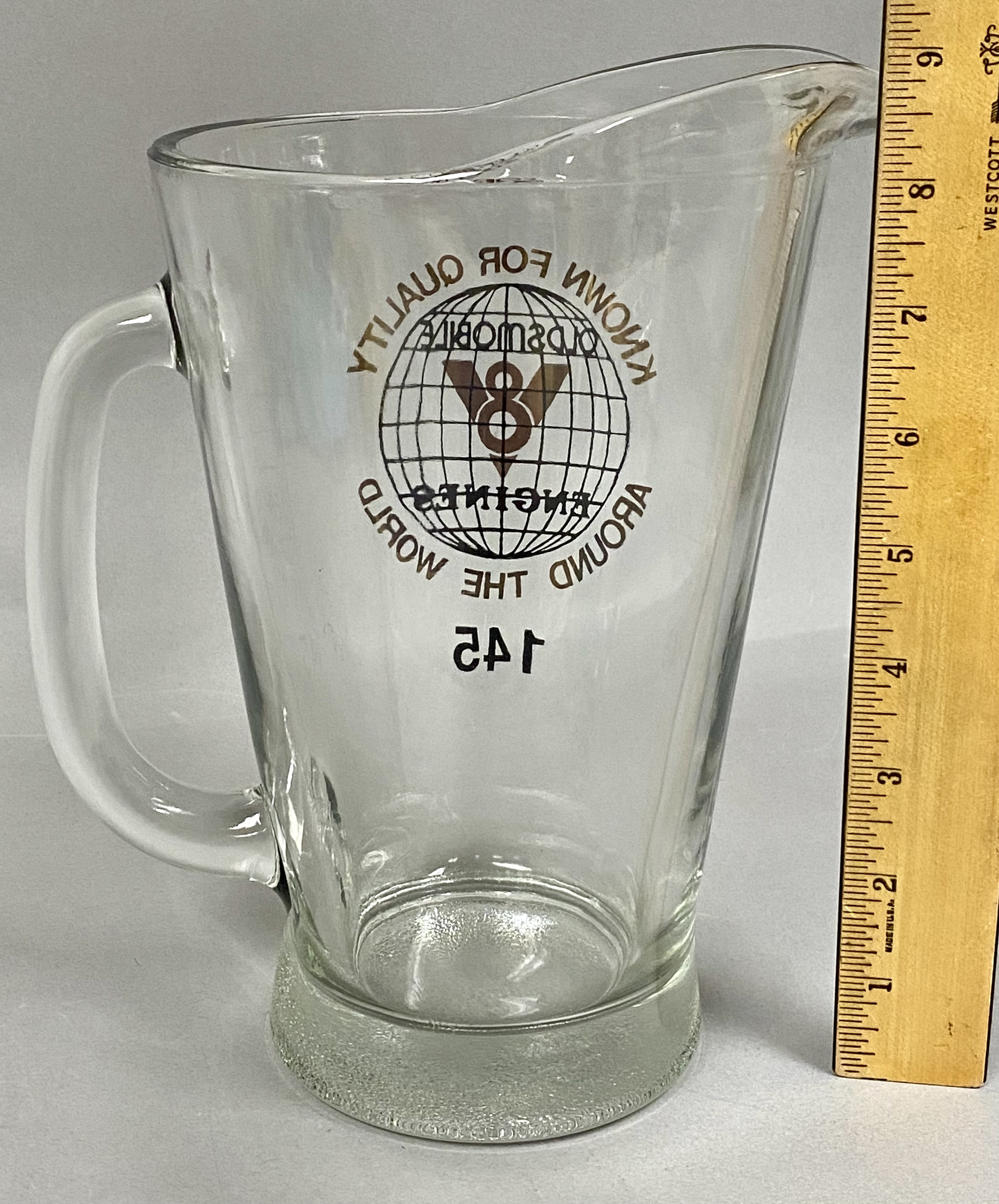 Vintage Oldsmobile V8 Engines Glass Presentation Pitcher