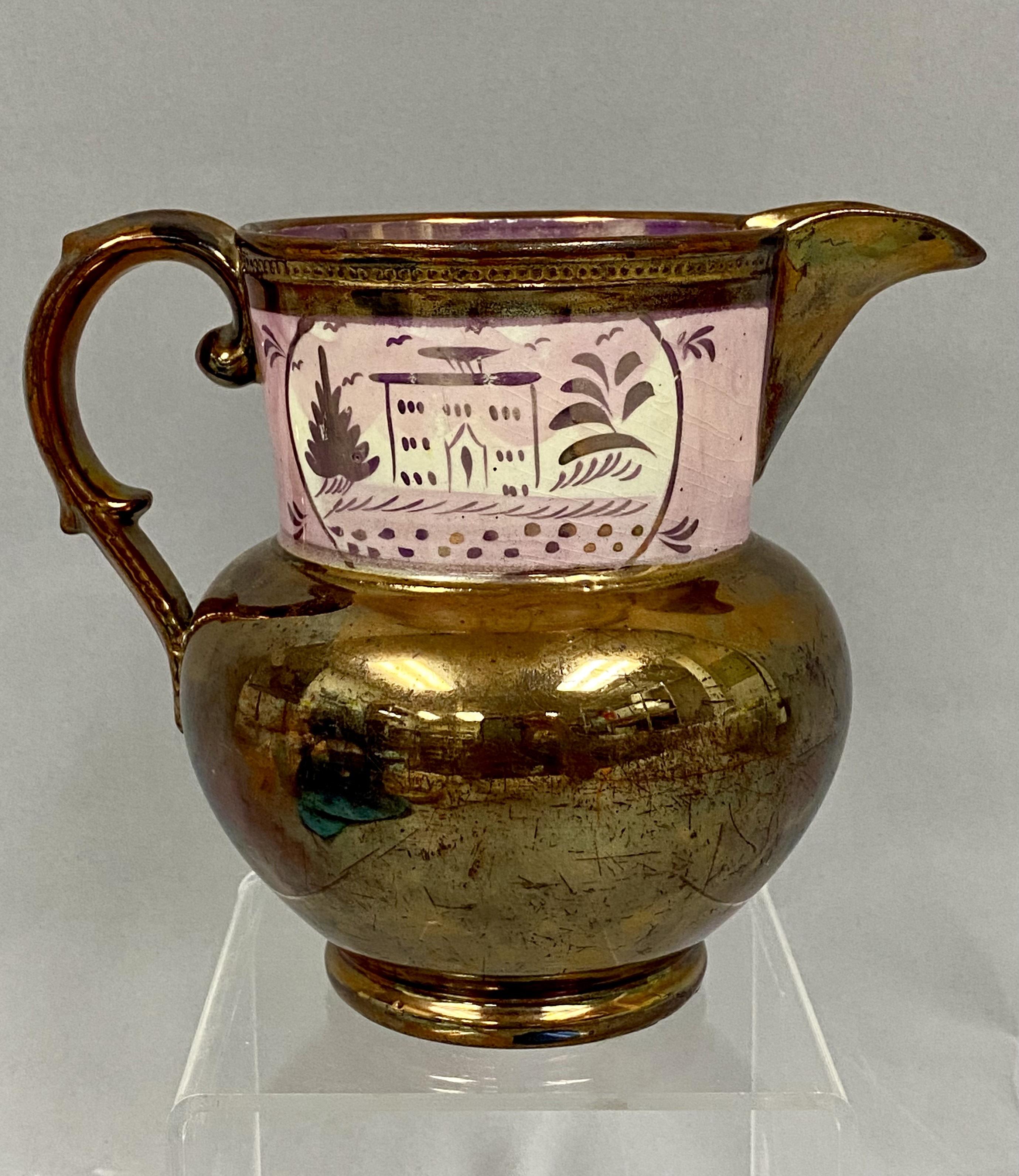 Staffordshire Pink & Copper Lusterware Ceramic Pitcher