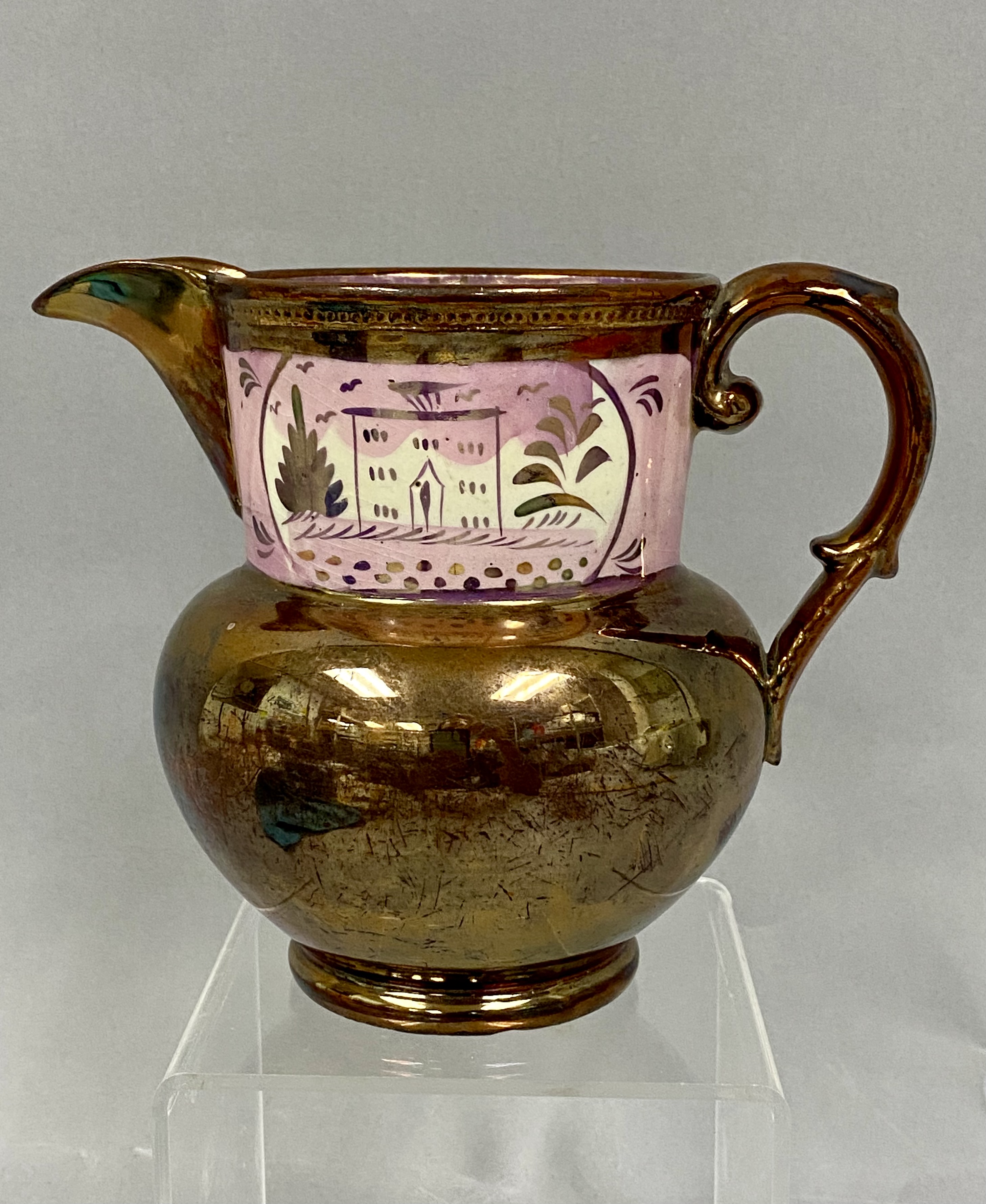 Staffordshire Pink & Copper Lusterware Ceramic Pitcher