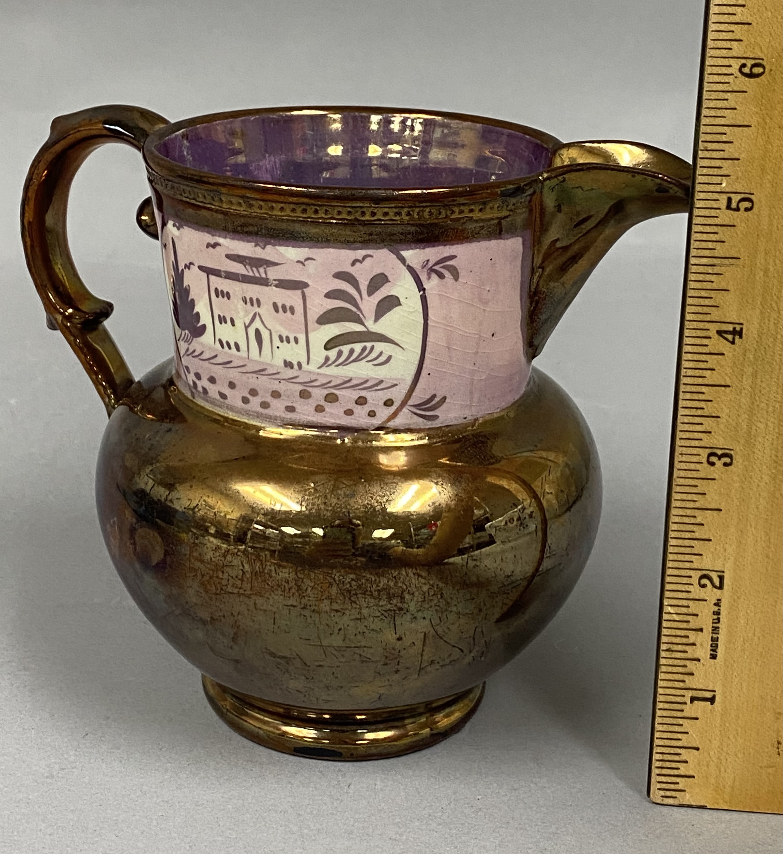 Staffordshire Pink & Copper Lusterware Ceramic Pitcher