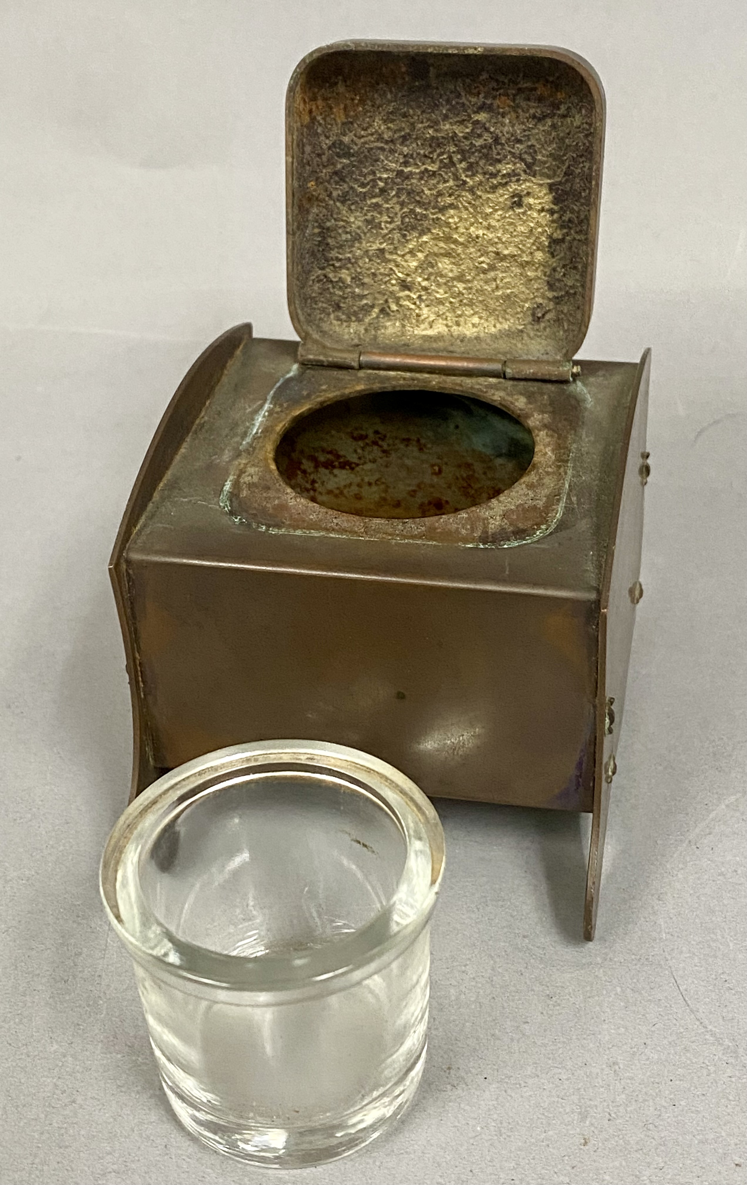 Arts & Crafts Copper Inkwell with Glass Insert