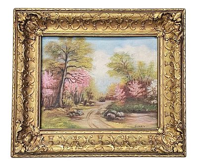 Gimble Spring Landscape Oil Painting. An oil painting on board by Gimble depicting a winding 