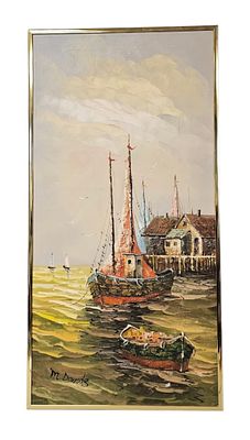 M. Davids Nautical Harbor Oil Painting. This oil on canvas by M. Davids depicts a nautical 