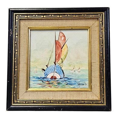 Steven '70 Signed Framed Sailboat Tile. This maritime tile depicts a stylized sailboat with 