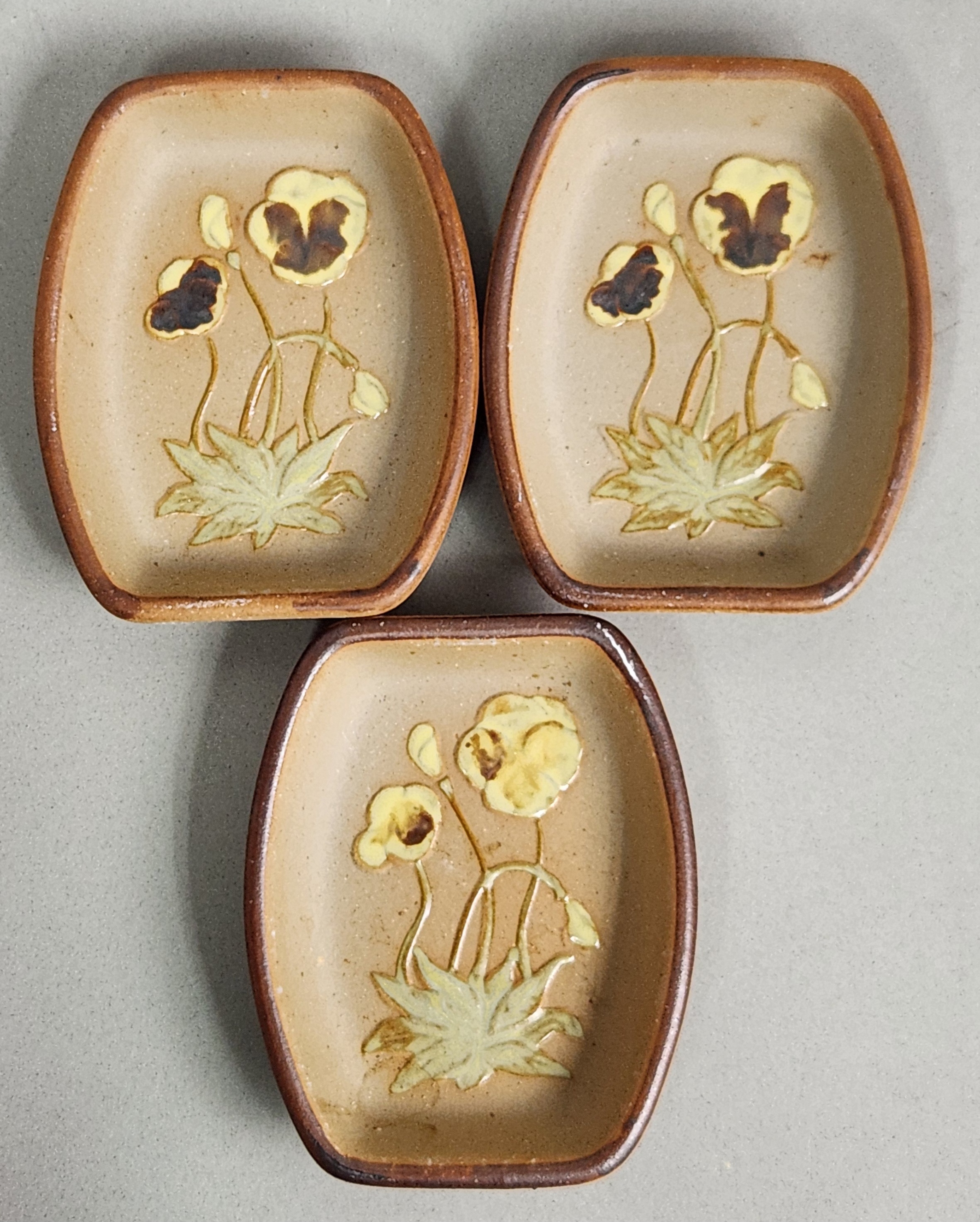 Trio of Stoneware Pansy Dishes