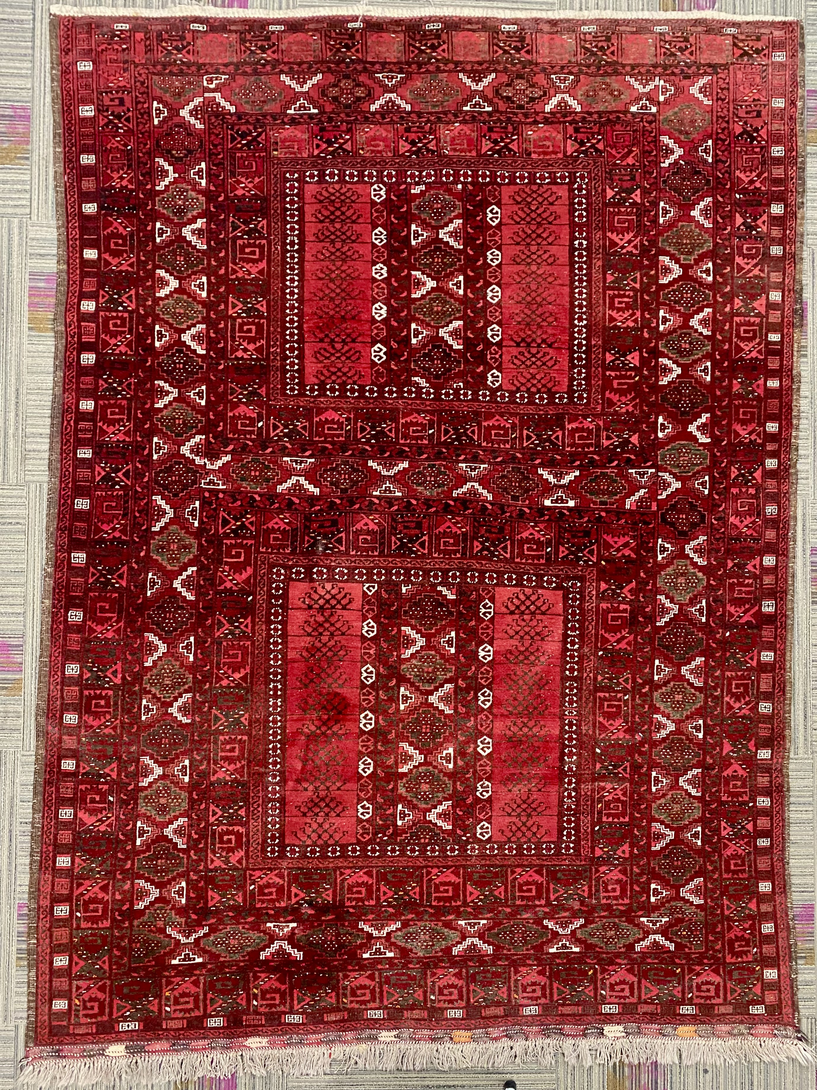 Vintage Hand-Knotted Afghan Turkoman Rug