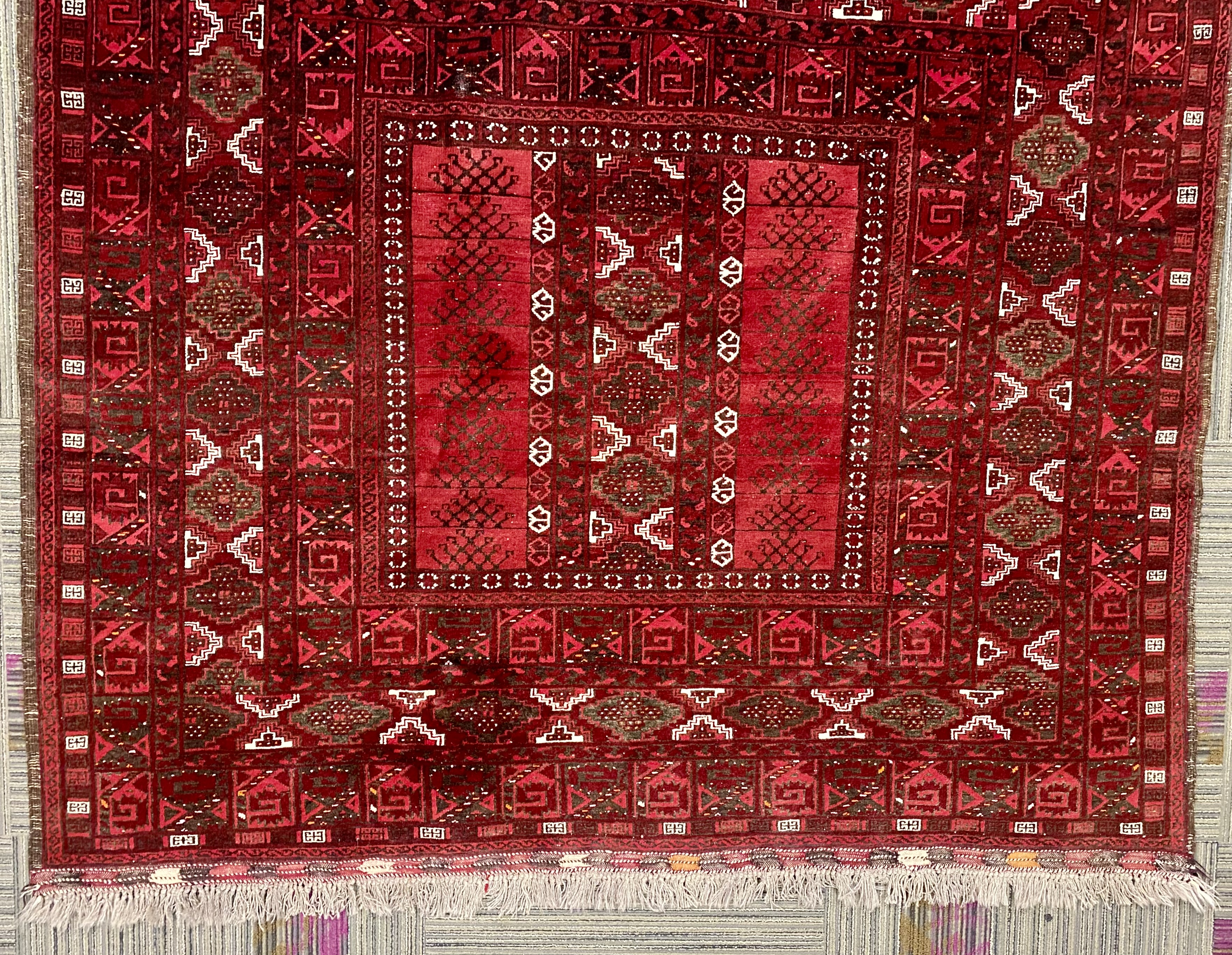 Vintage Hand-Knotted Afghan Turkoman Rug