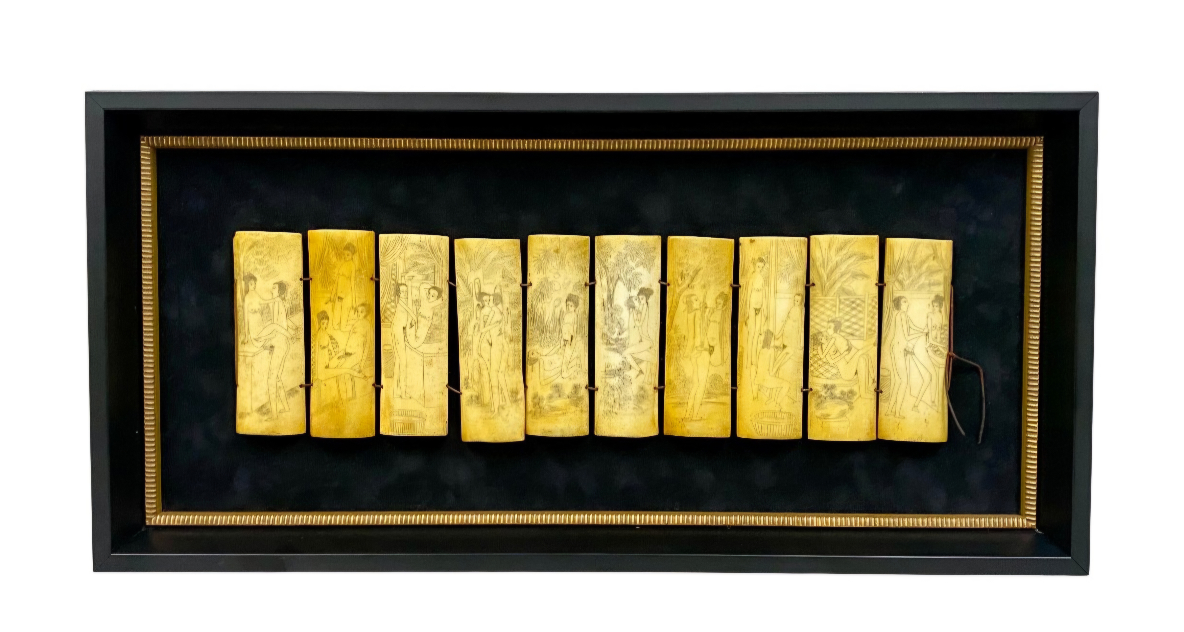 Ten Carved Bone Shunga Panels