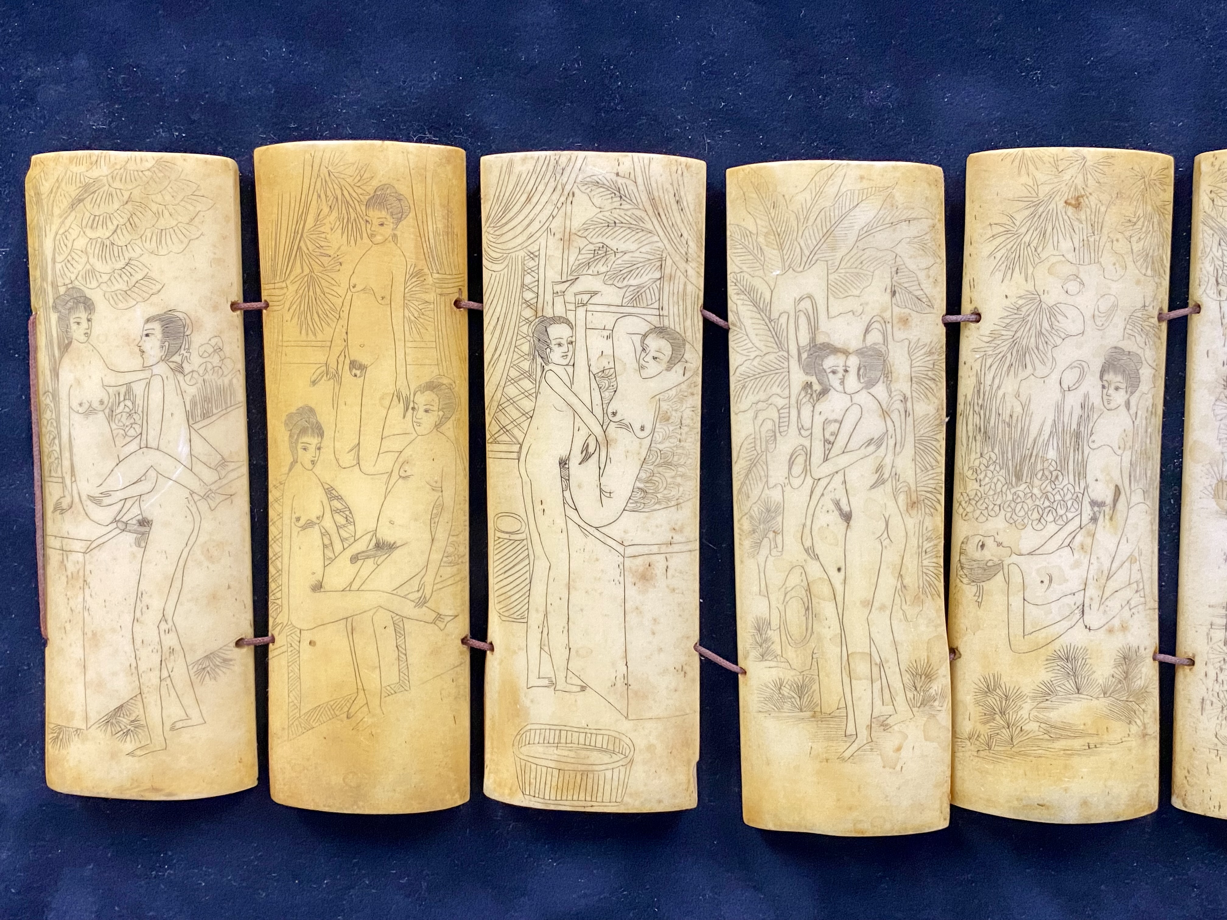 Ten Carved Bone Shunga Panels