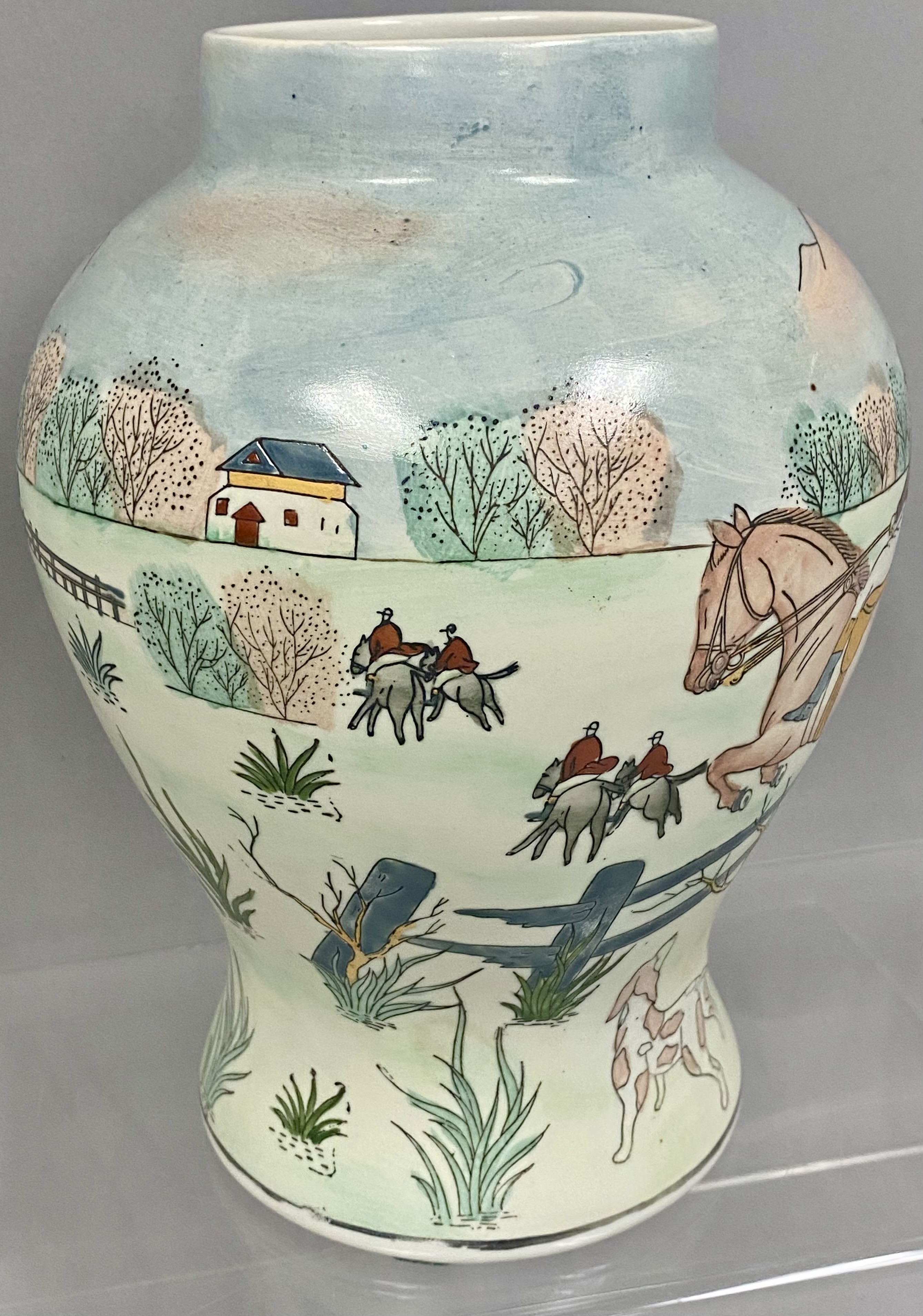 Lidded Ceramic Fox Hunt Ginger Jar