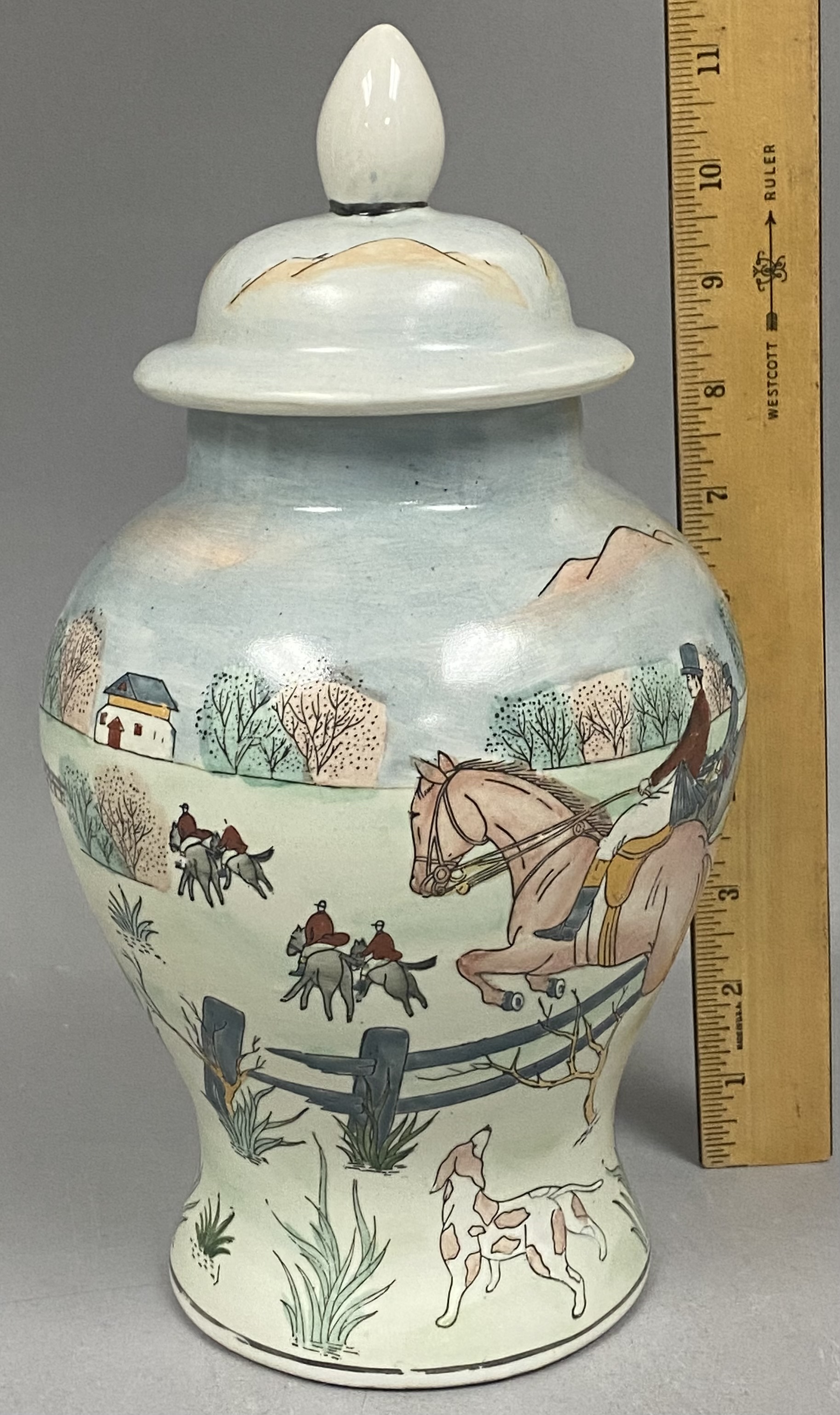 Lidded Ceramic Fox Hunt Ginger Jar