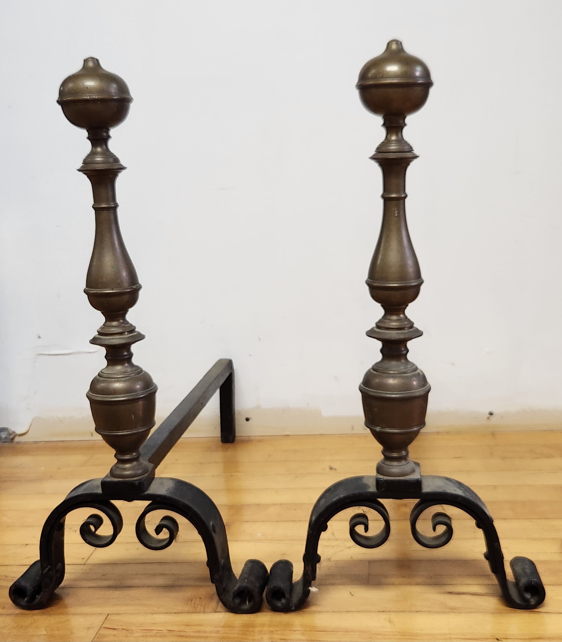 Pair Turned Brass and Iron Andirons