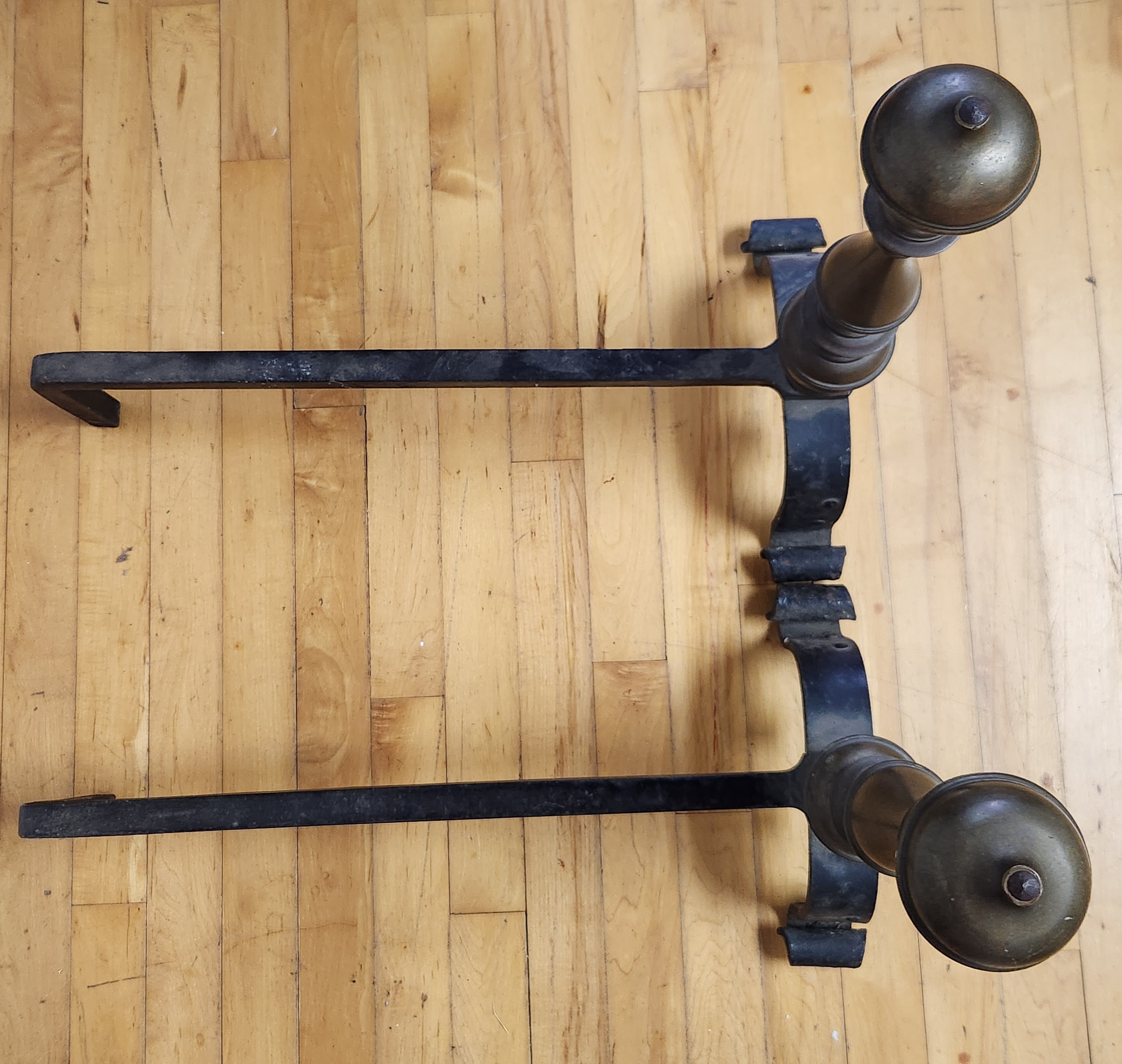 Pair Turned Brass and Iron Andirons