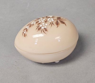 Westmoreland Hand Painted Custard Glass Egg. A two-piece covered egg dish manufactured by the 