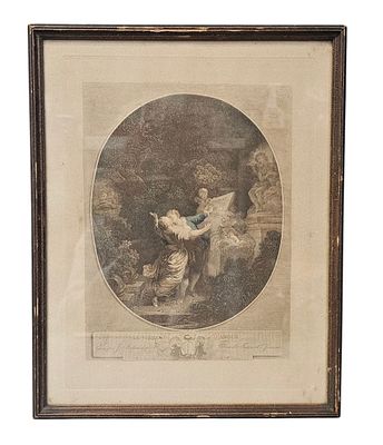 Jean Mathieu Engraving Le Serment d'Amour. This hand-colored etching and engraving titled Le 