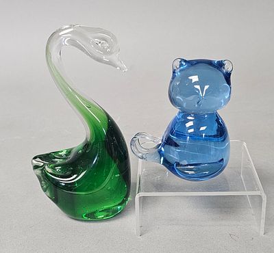 Two Art Glass Animal Figurines. Two hand-blown art glass figurines comprising a stylized swan 