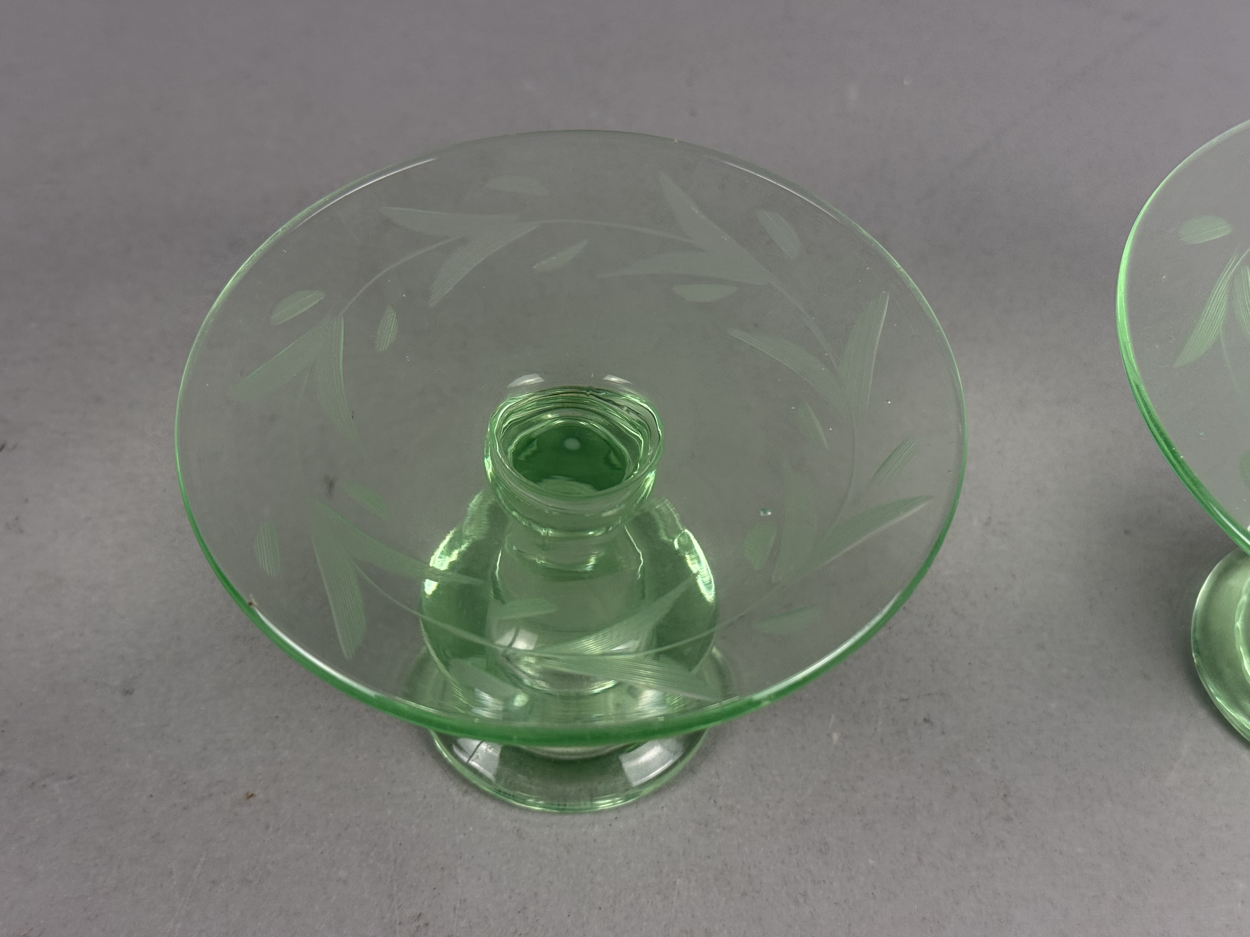 Pair of Etched Uranium Glass Candlesticks