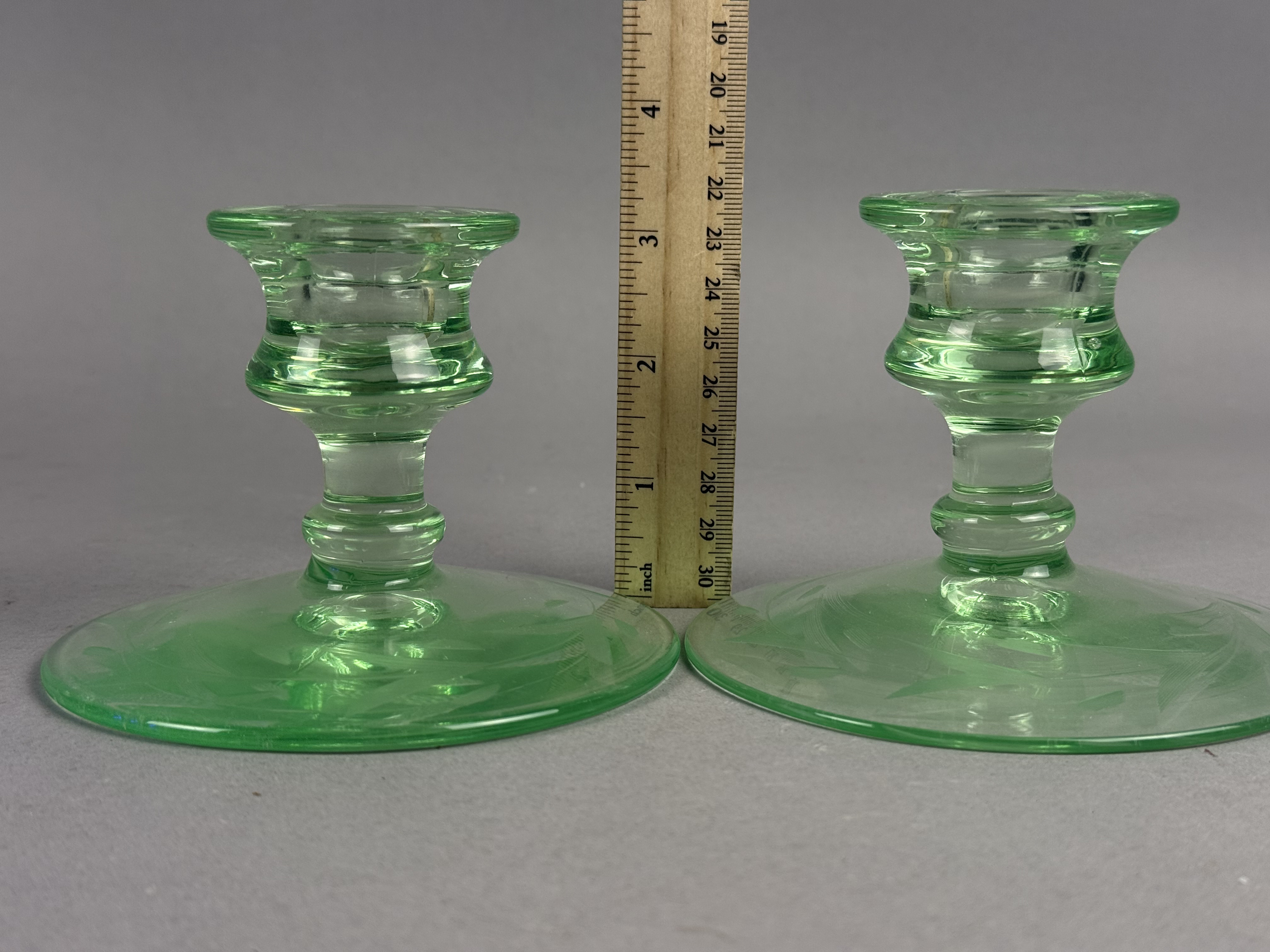 Pair of Etched Uranium Glass Candlesticks