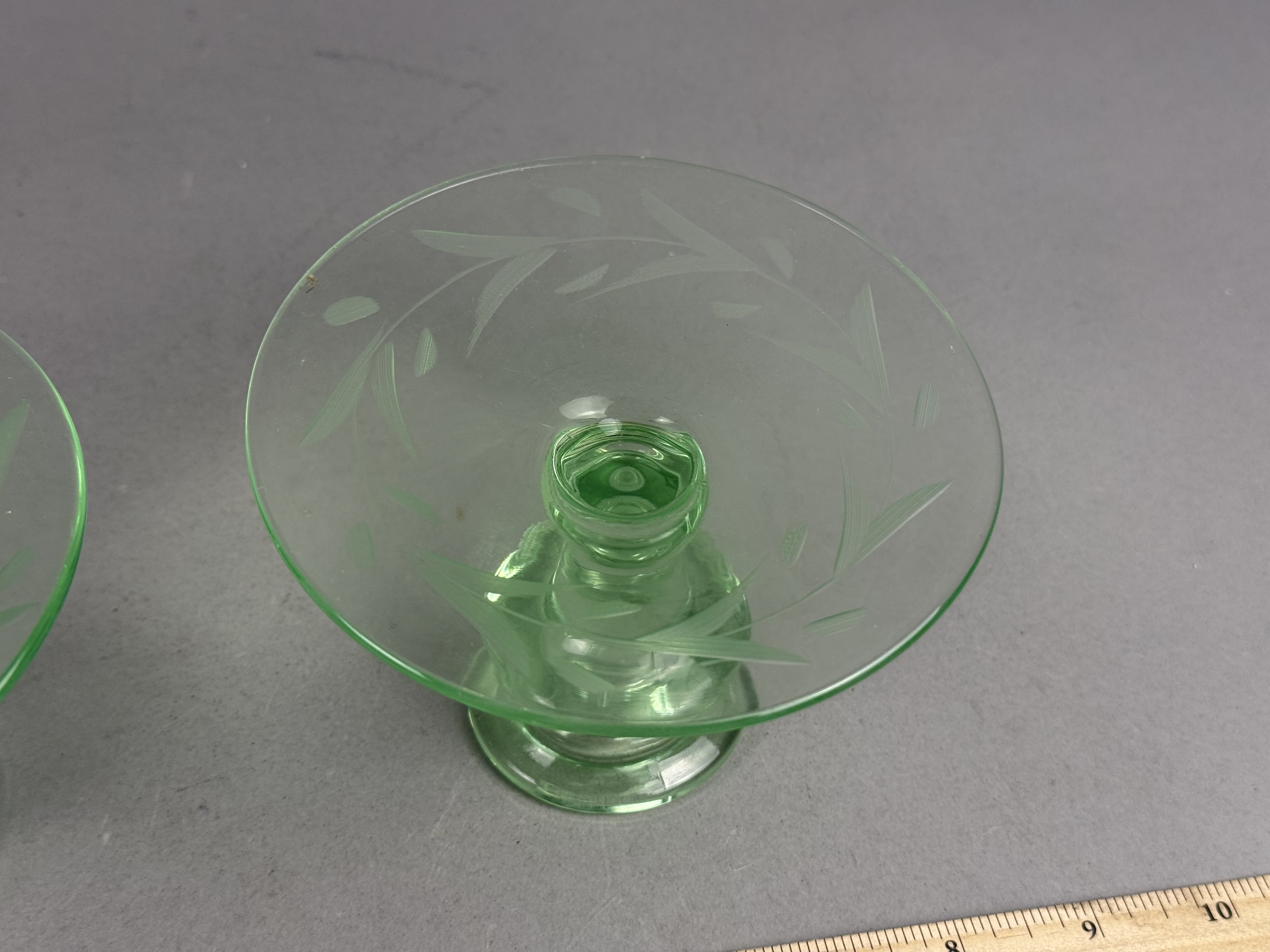 Pair of Etched Uranium Glass Candlesticks
