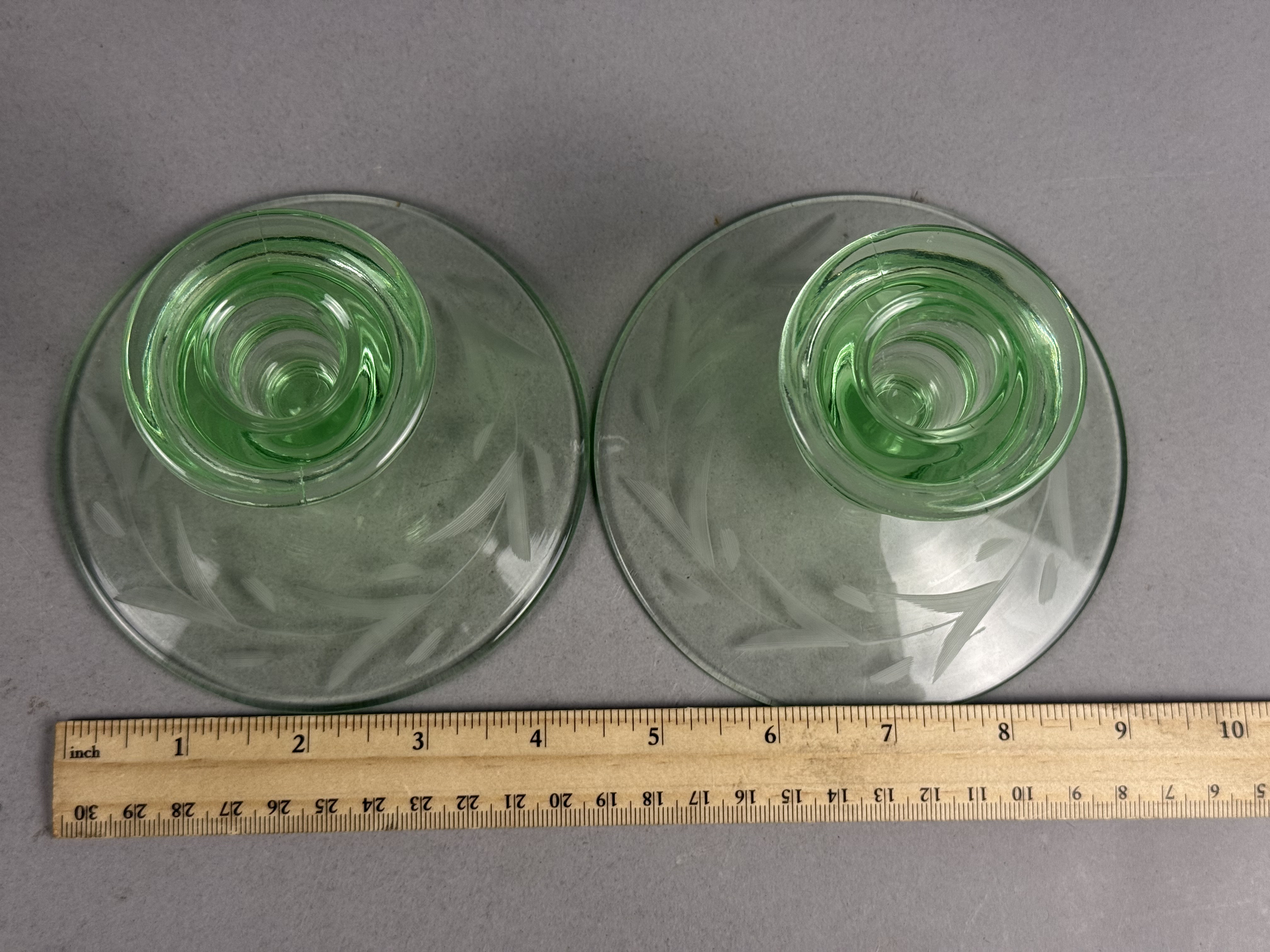 Pair of Etched Uranium Glass Candlesticks