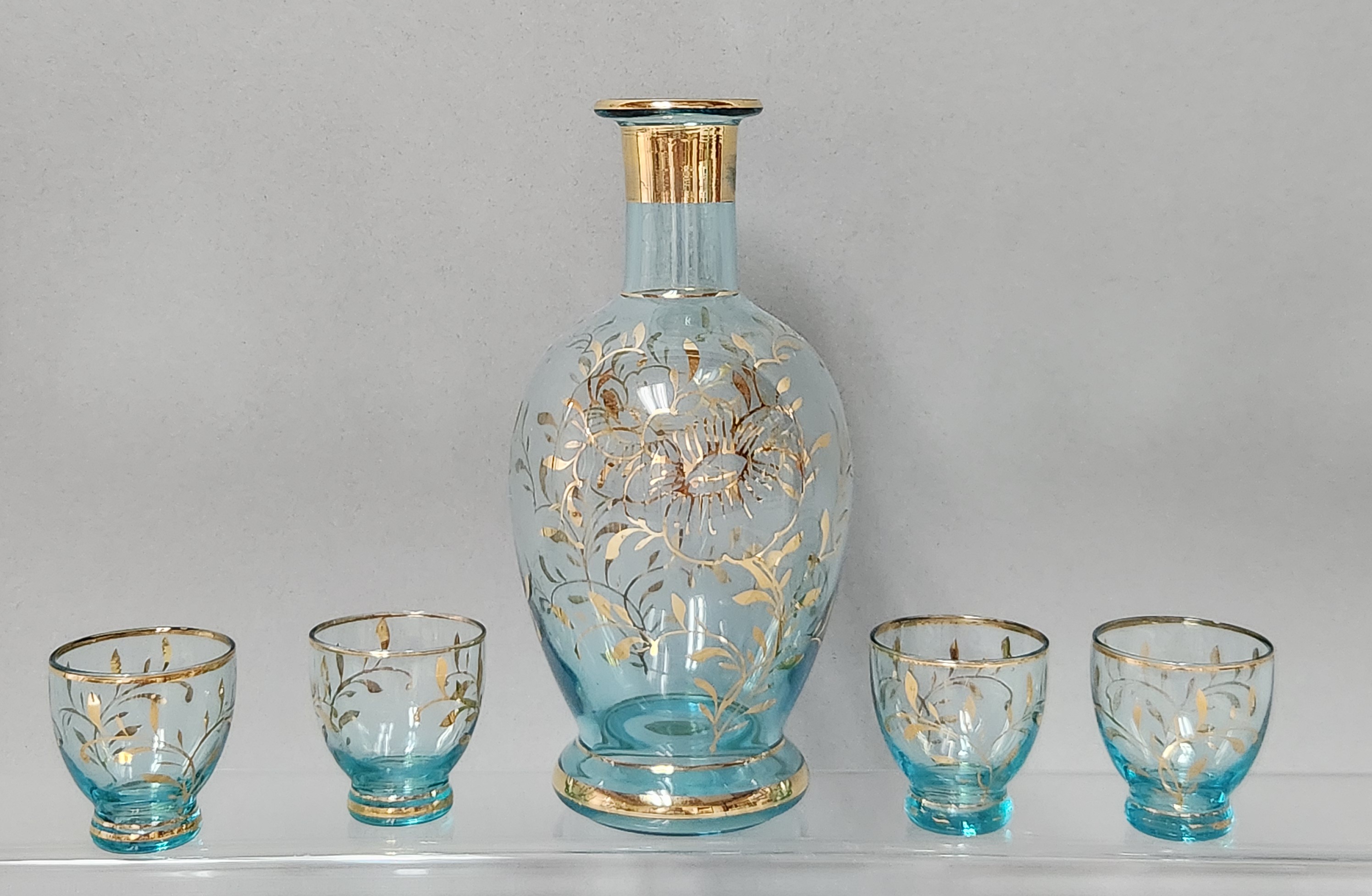 Five-Piece Gilt Blue Glass Barware