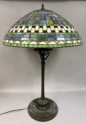 Tiffany-Style Geometric Leaded Glass Table Lamp. This is a monumental, 36” Tall contemporary 